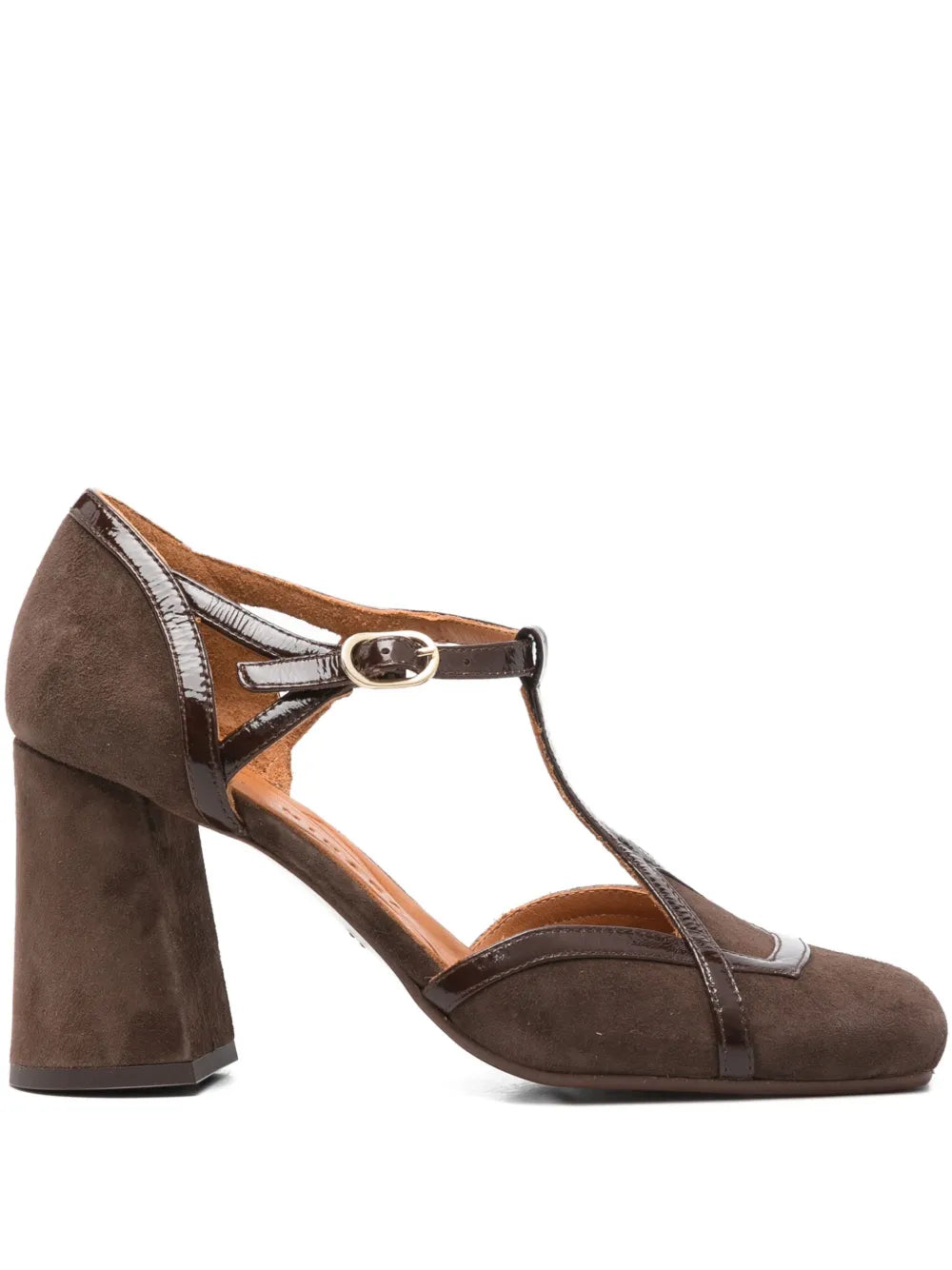 Chie Mihara Odessy dark brown suede and patent leather T-strap pump with flared block heel, handmade in Spain


