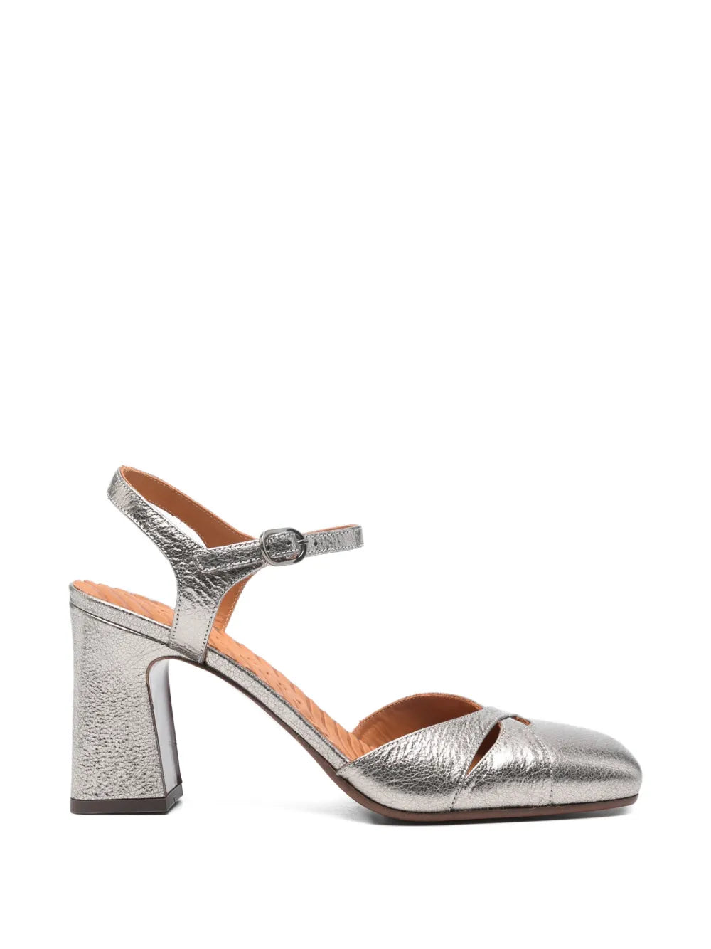 Chie Mihara Oidina iron metallic crackle leather cross-strap pump with high block heel and ankle buckle, handmade in Spain