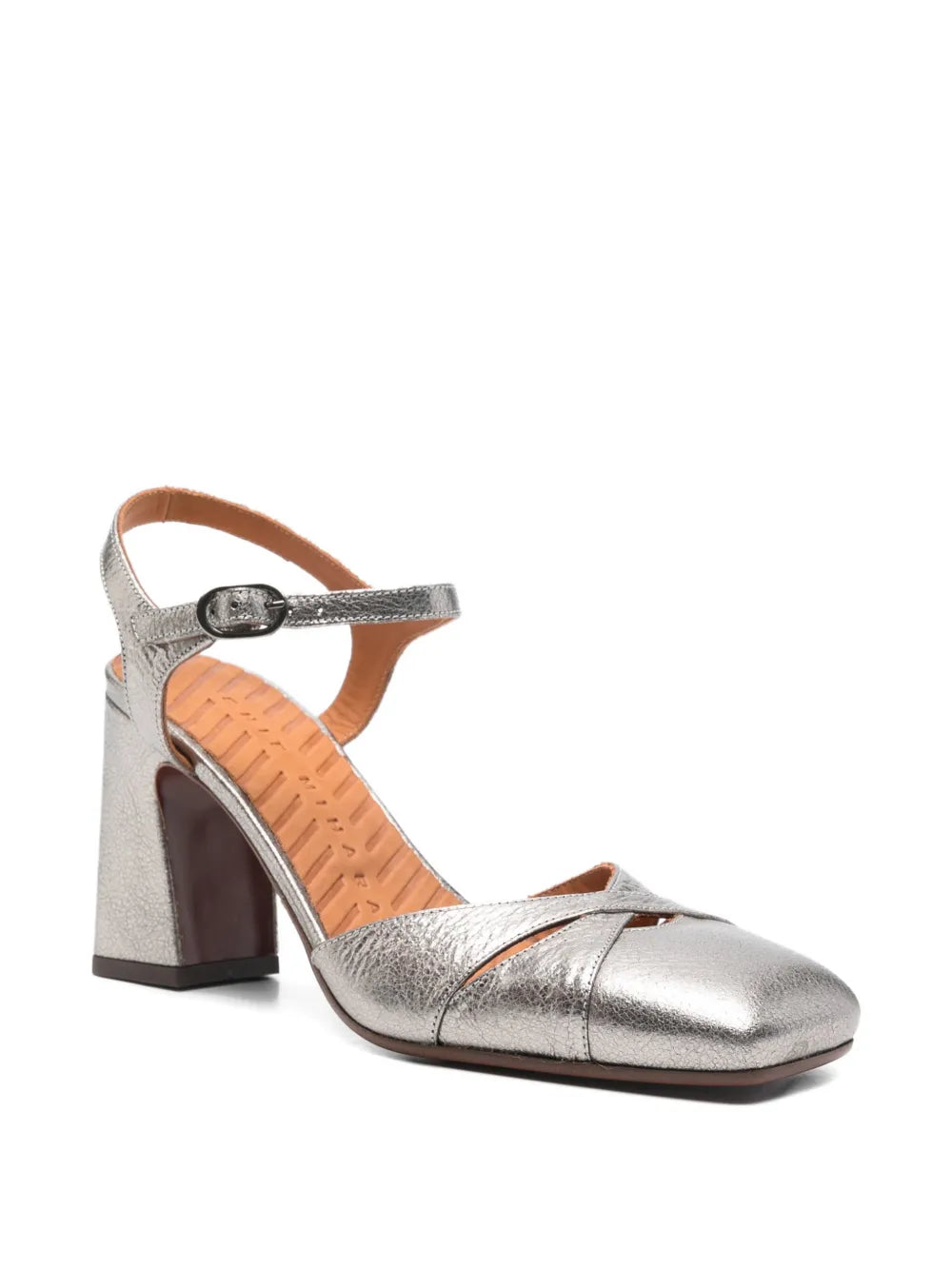 Chie Mihara Oidina pewter metallic crackle leather pump, cross straps on vamp and high block heel
