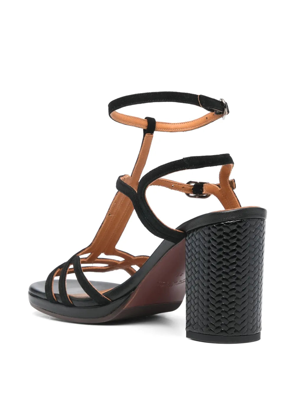 Chie Mihara Paladium women's black suede cage strap platform sandal, woven high block heel, European designer shoes made in Spain

