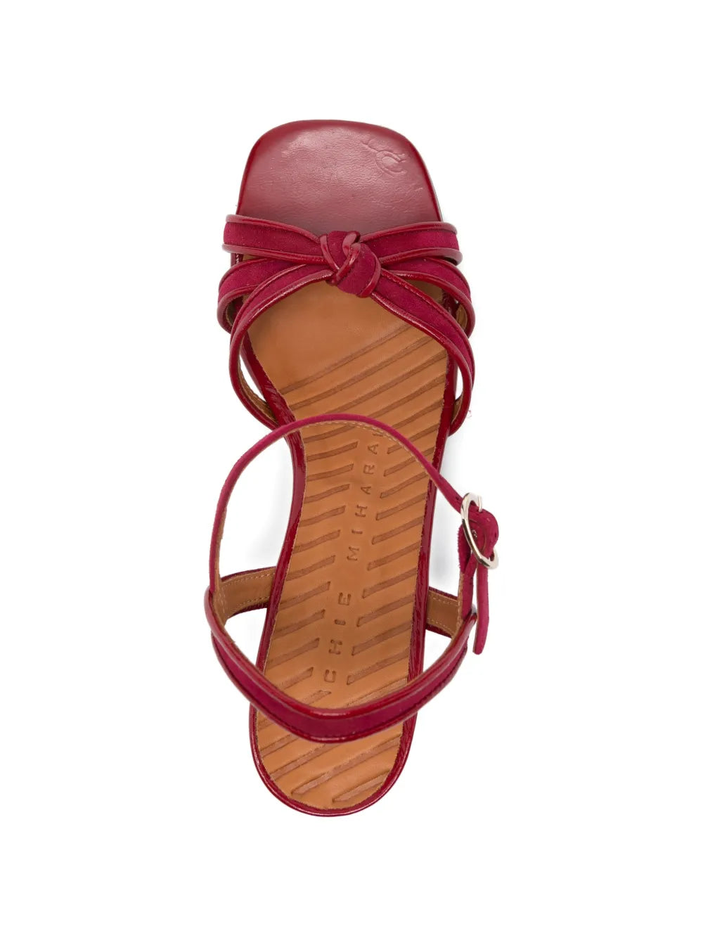 Chie Mihara Red leather block heel sandal with crossed straps