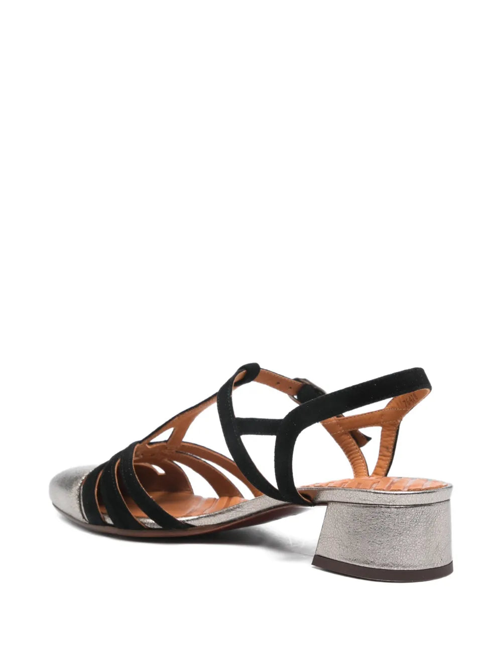 Chie Mihara Rosali iron and black leather mid heel sandal, handcrafted Spanish designer shoe with elegant metallic toe