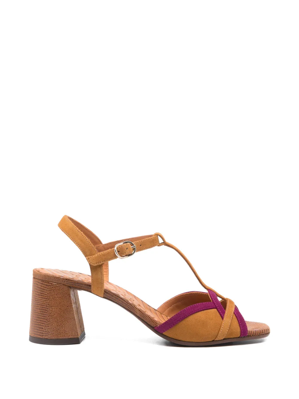 Chie Mihara Ryejo cognac suede sandal with plum T-strap and lizard texture block heel, handmade in Spain