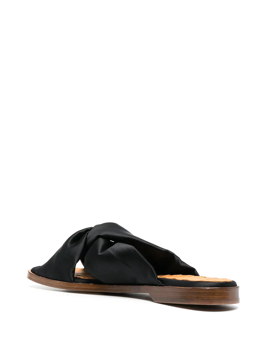 Chie Mihara Wamuza statement shoes women, black satin twisted cross-strap flat mule sandal, boutique designer footwear European designer shoes luxury everyday shoes

