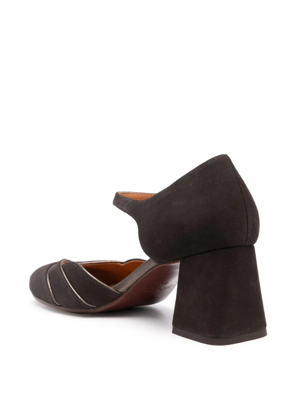 Chie Mihara Grini statement shoes women, dark brown suede Mary Jane d'Orsay pump with silver metallic trim and unique block heel, boutique designer footwear European designer shoes

