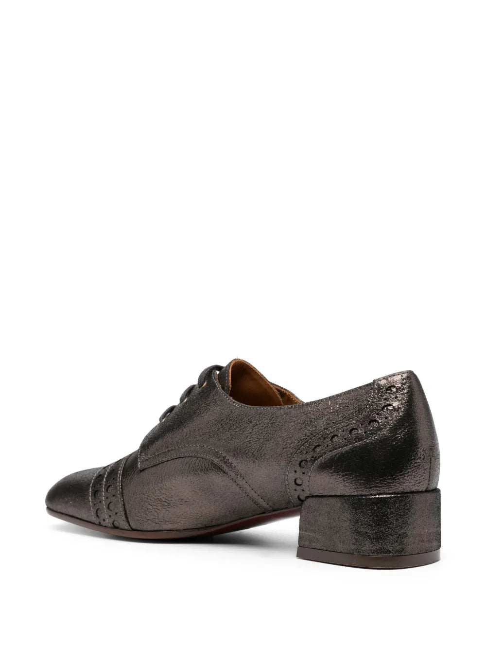 Chie Mihara Ikane statement shoes women, iron metallic crinkle leather brogue Oxford with unique low block heel, boutique designer footwear European designer shoes

