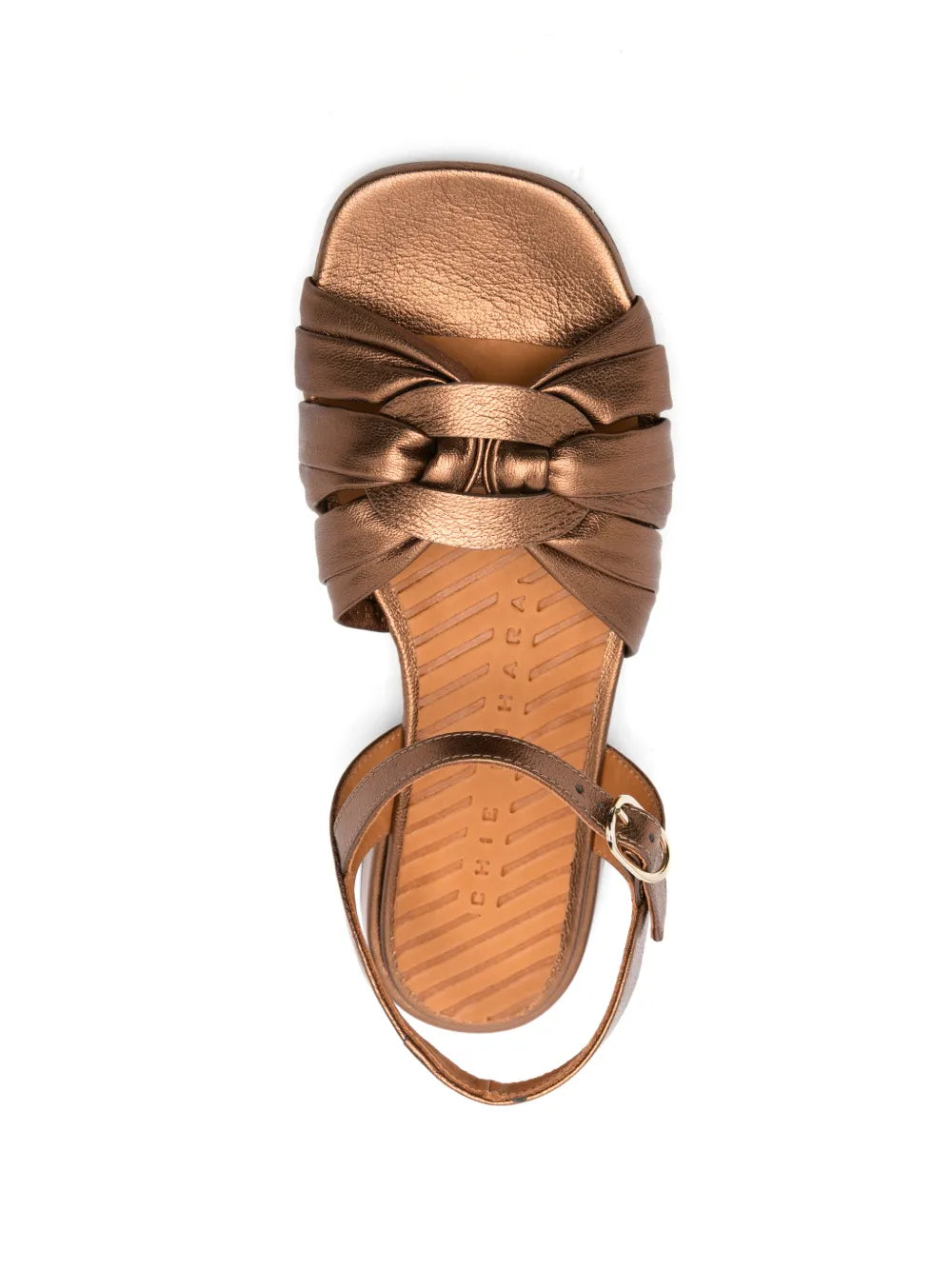 Chie Mihara Tusack copper metallic leather flat sandal with braided straps and ankle buckle
