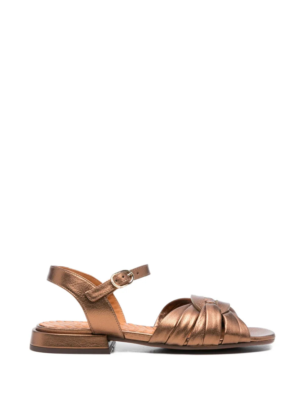 Chie Mihara Tusack copper metallic leather flat sandal with knotted cross straps and ankle buckle, handmade in Spain
