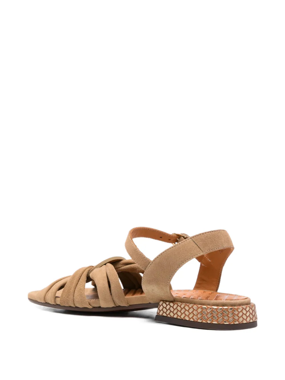 Chie Mihara Tusack suede sandals in sahara color with ruched straps and low heel