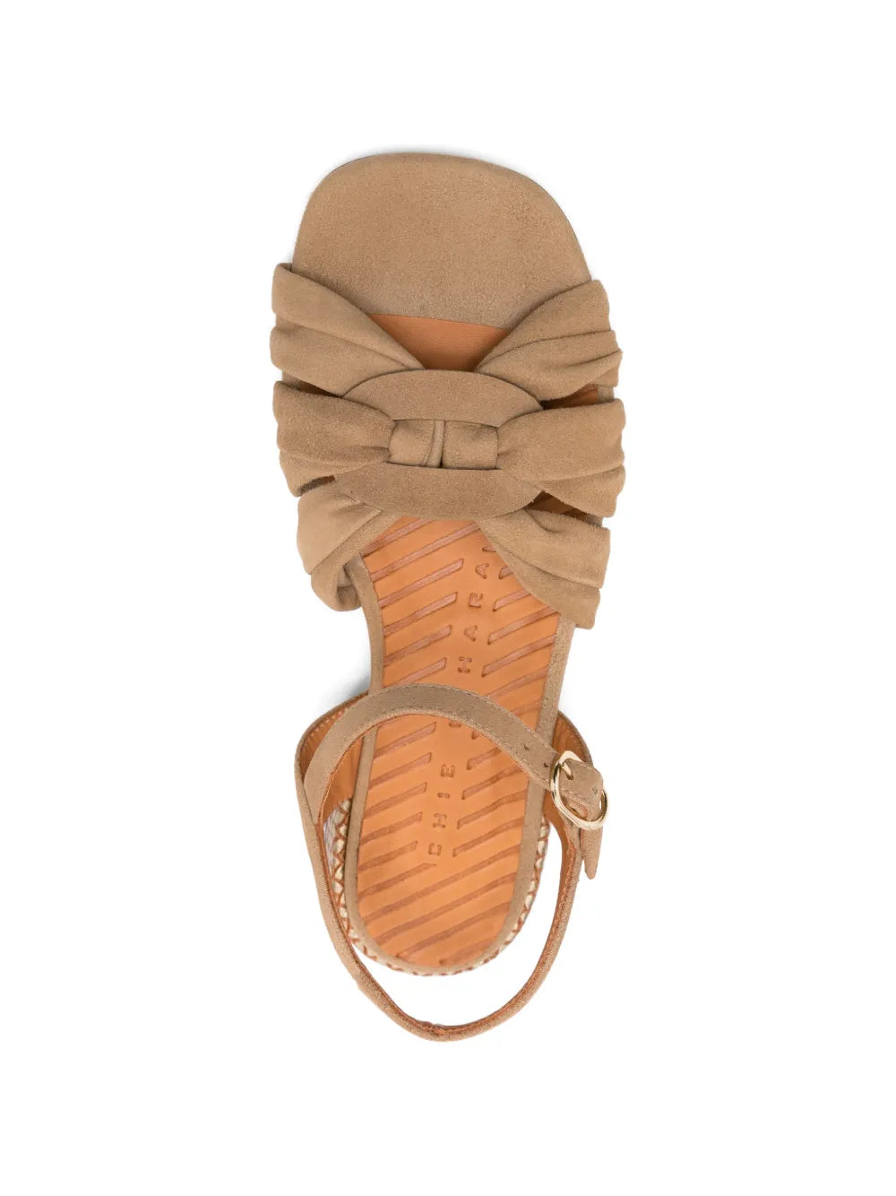 Chie Mihara Tusack suede sandals in sahara color with ruched straps and low heel