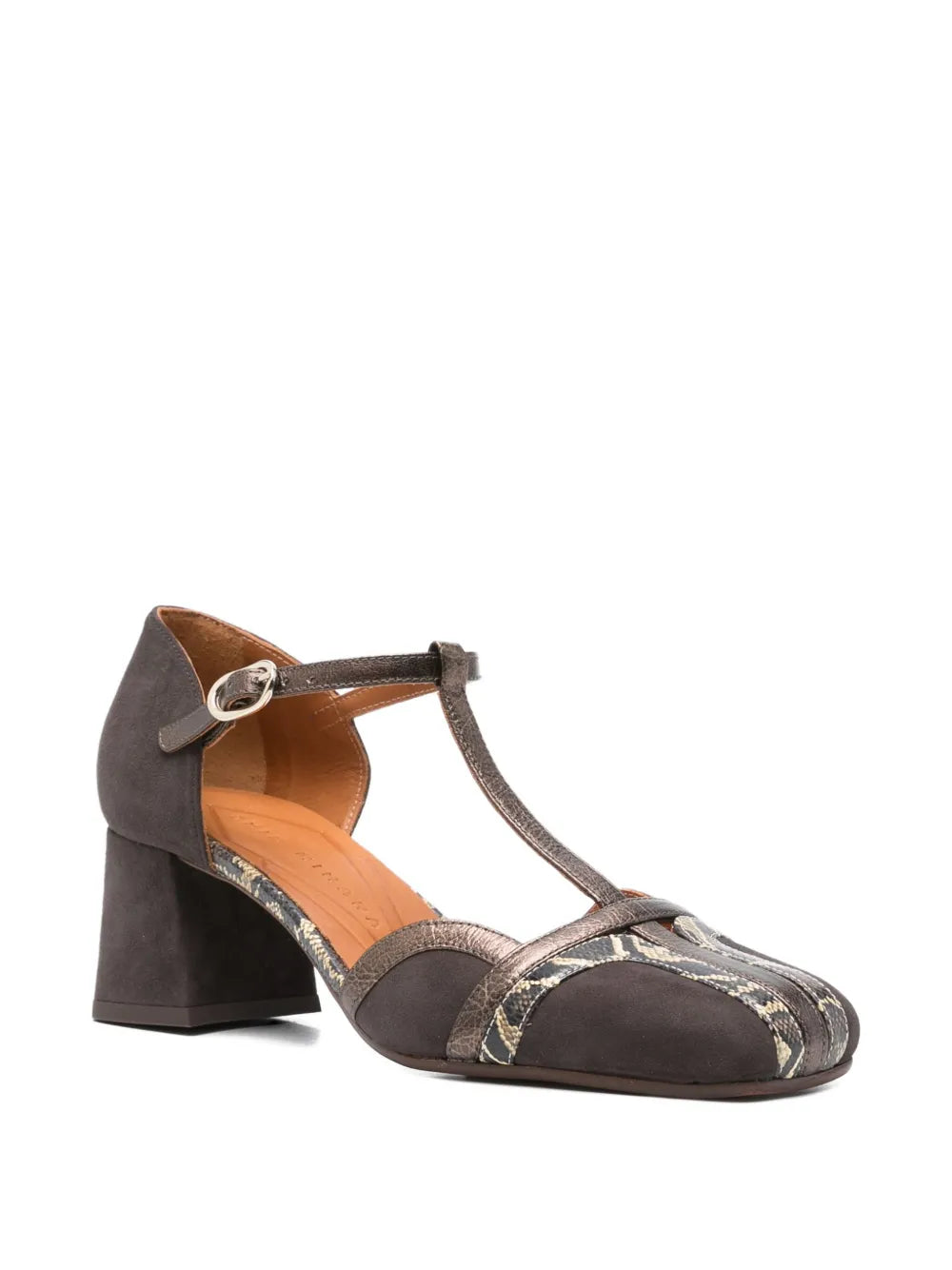 Chie Mihara Volai chocolate brown suede and pewter snake print T-strap pump, stylish comfortable mid block heel and ankle buckle, artisan leather shoes

