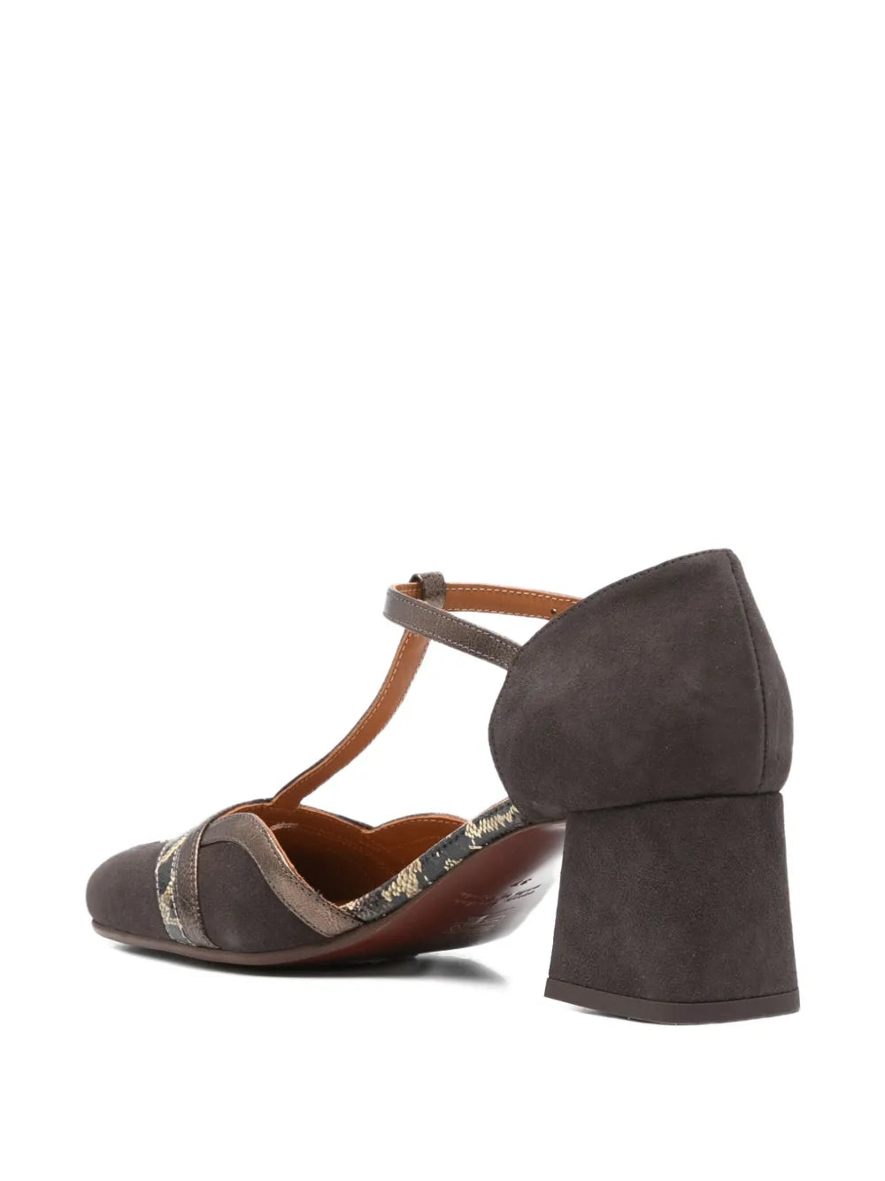 Chie Mihara Volai women's dark brown suede and bronze snake print leather T-strap pump, designer comfort shoes with mid block heel, European designer shoes made in Spain