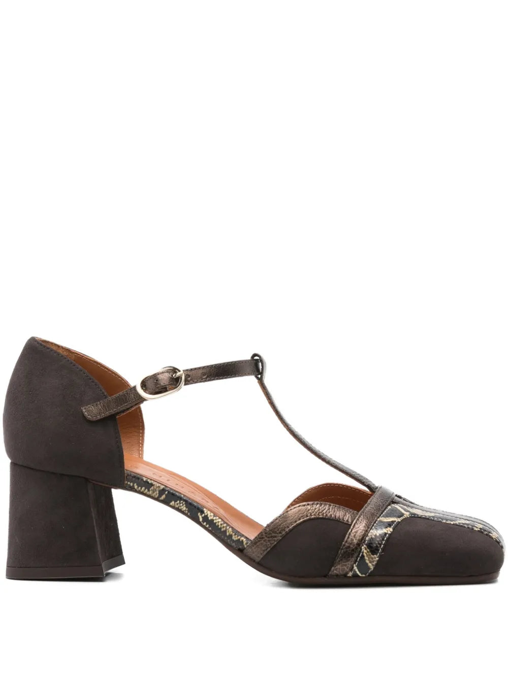 Chie Mihara Volai dark brown suede and bronze snake print leather T-strap pump with comfortable mid block heel, handmade in Spain

