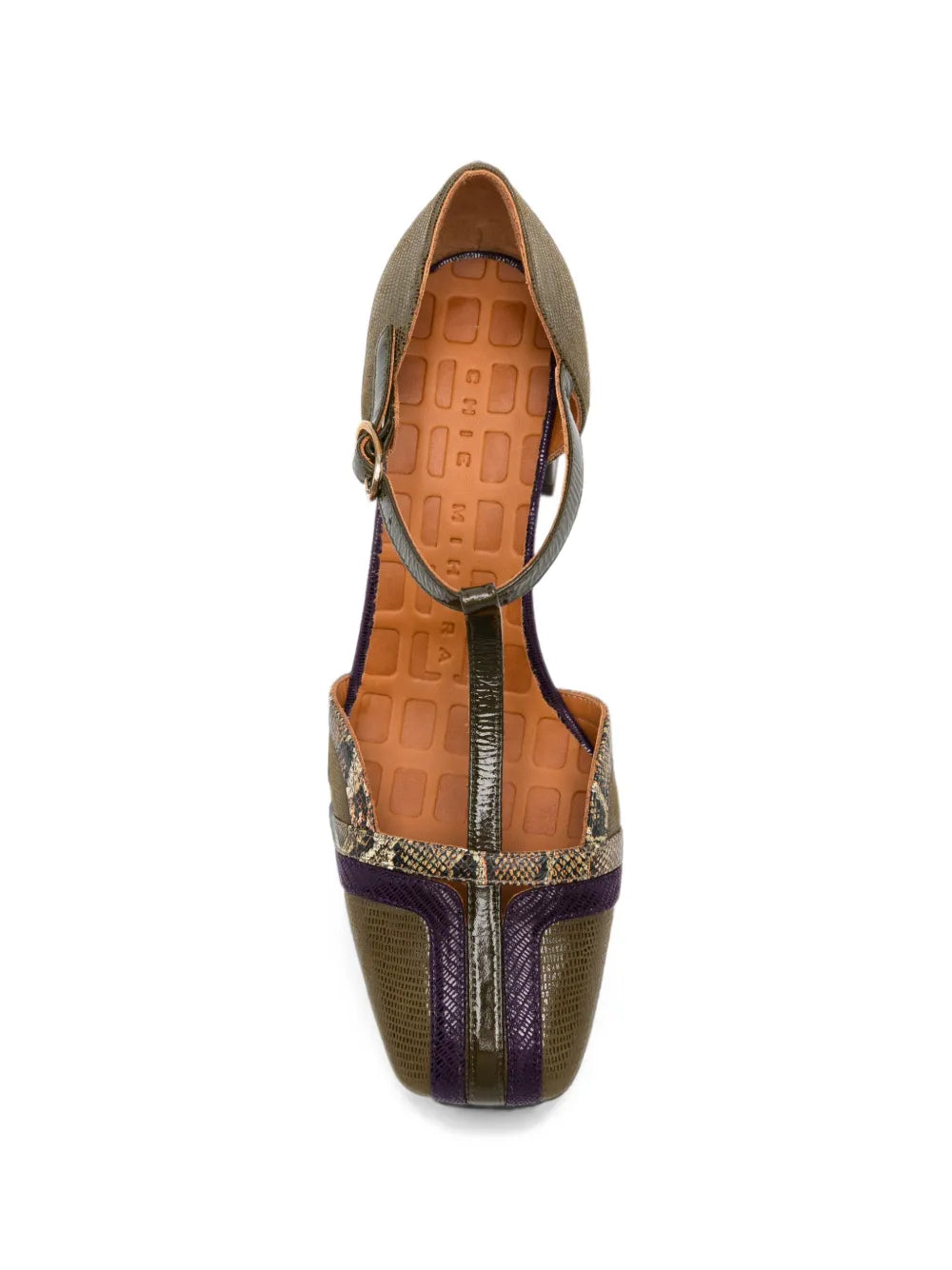 Chie Mihara VOLAI mid heel T-strap shoe in olive green textured leather with purple suede and gold snake-print detail

