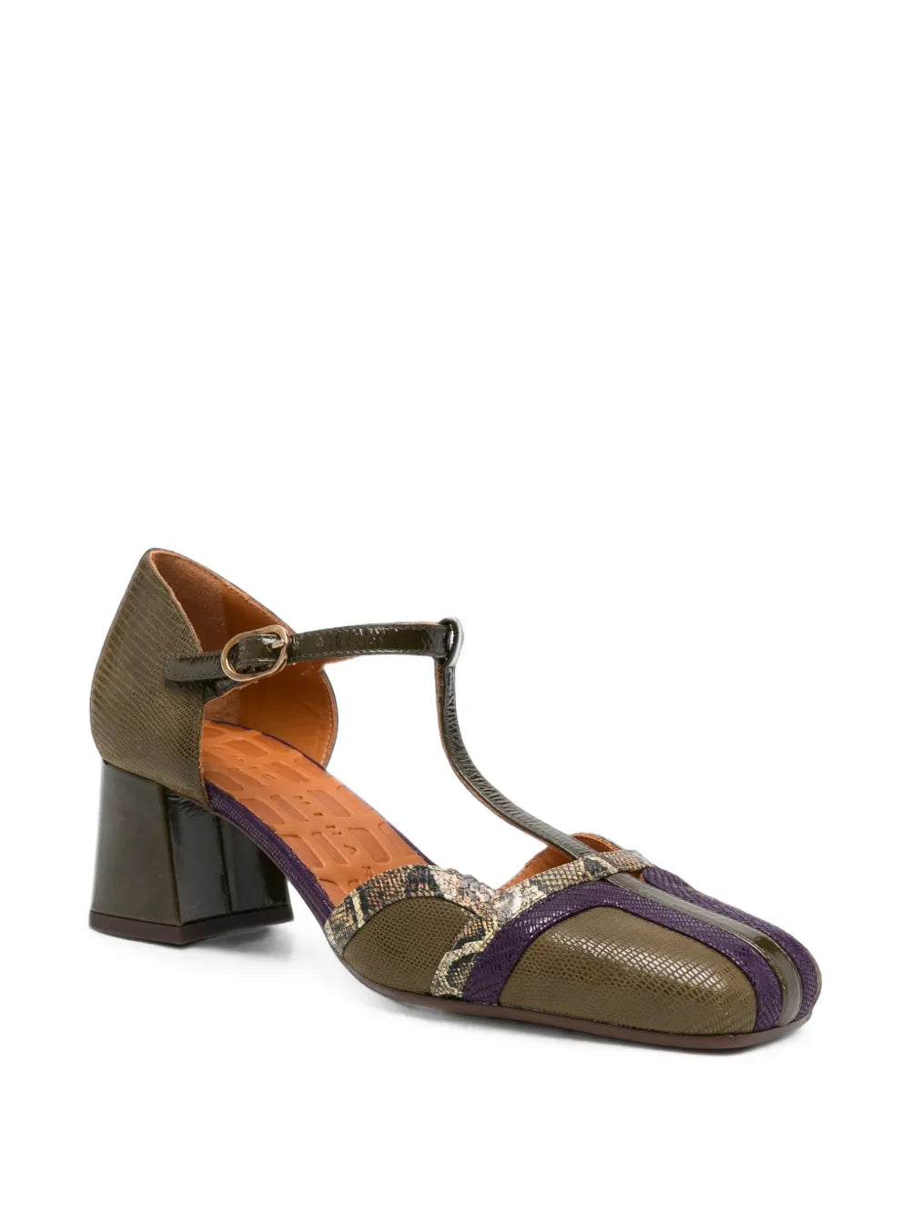 Chie Mihara VOLAI mid heel T-strap shoe in olive green textured leather with purple suede and gold snake-print detail

