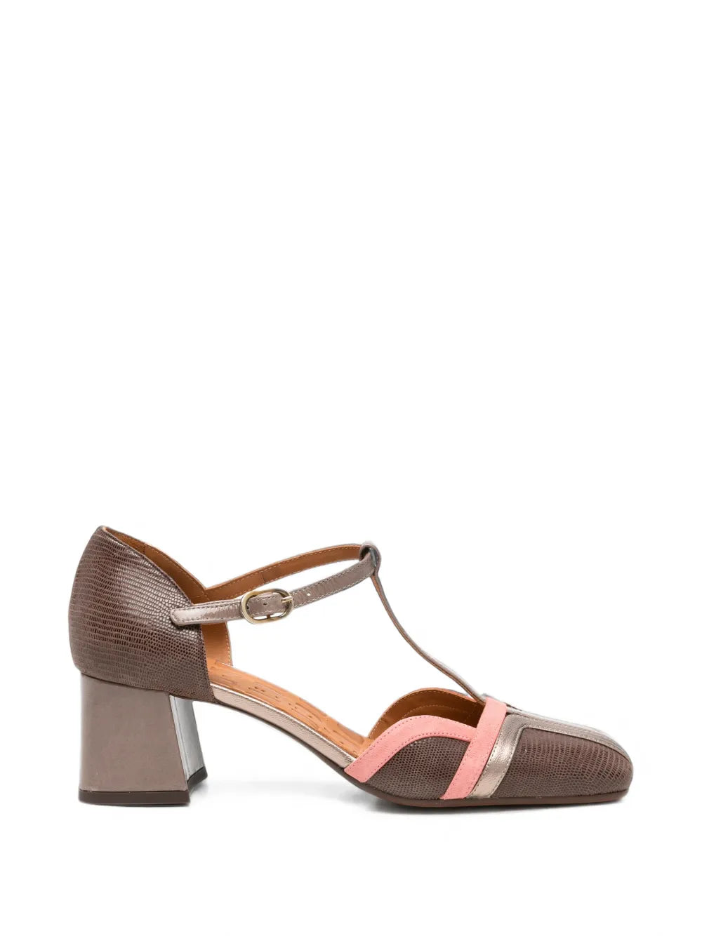Chie Mihara VOLAI mid heel T-strap shoe in smoky grey textured leather with cherry pink suede and iron metallic detail