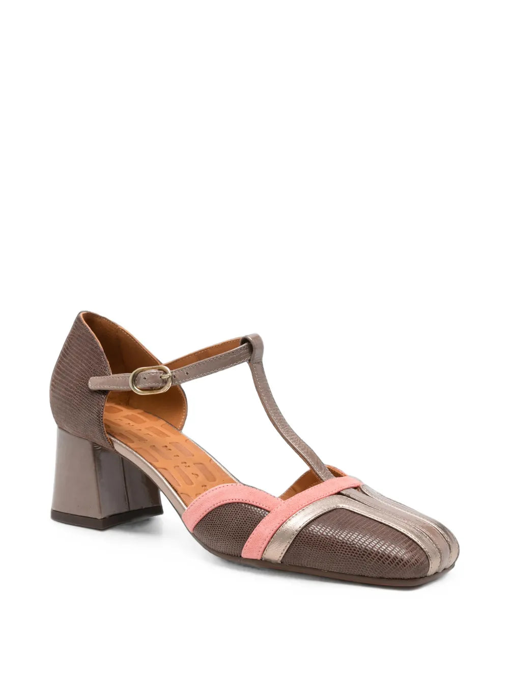 Chie Mihara VOLAI mid heel T-strap shoe in smoky grey textured leather with cherry pink suede and iron metallic detail
