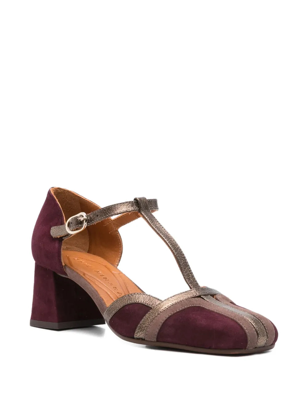 Chie Mihara Volai plum suede and pewter metallic leather T-strap pump, stylish comfortable mid block heel and ankle buckle, artisan leather shoes

