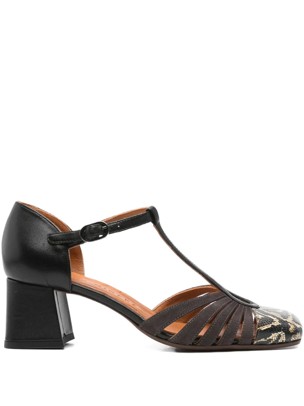 Chie Mihara Vudui shoe in black leather, brown suede and snake effect with 4.5 cm heel.