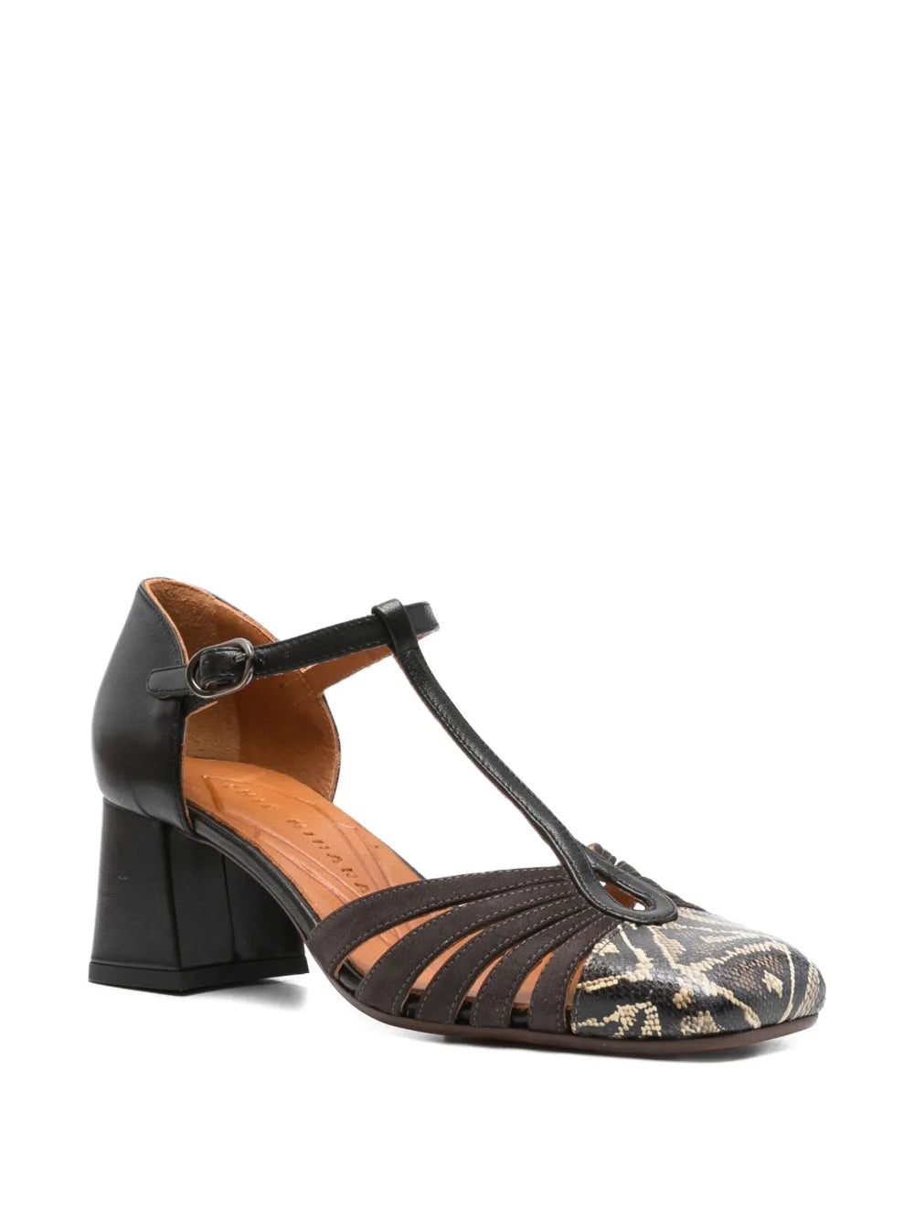 Chie Mihara Vudui shoe in black leather, brown suede and snake effect with 4.5 cm heel.