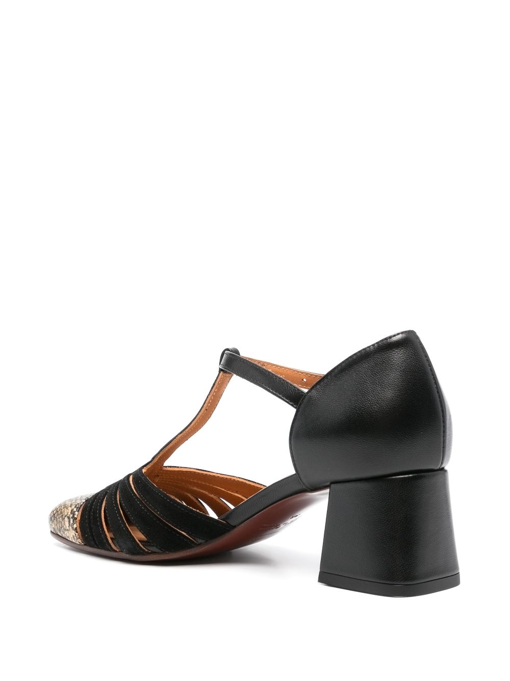 Chie Mihara Vudui women's black leather and suede multi-strap T-bar pump with snake print cap toe, comfortable mid block heel, European designer shoes made in Spain

