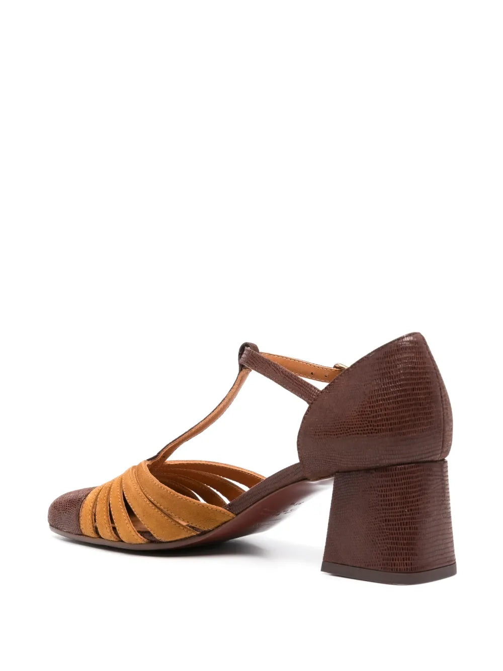 Chie Mihara Vudui women's brown cognac suede and lizard leather T-bar pump, comfortable mid block heel, European designer shoes made in Spain

