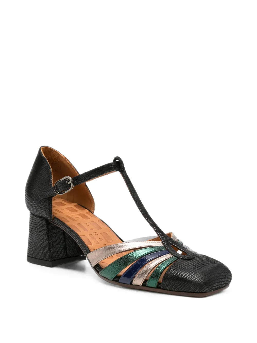 Chie Mihara VUDUI mid heel shoe with fan straps in black textured leather with iridescent green, silver and navy tones