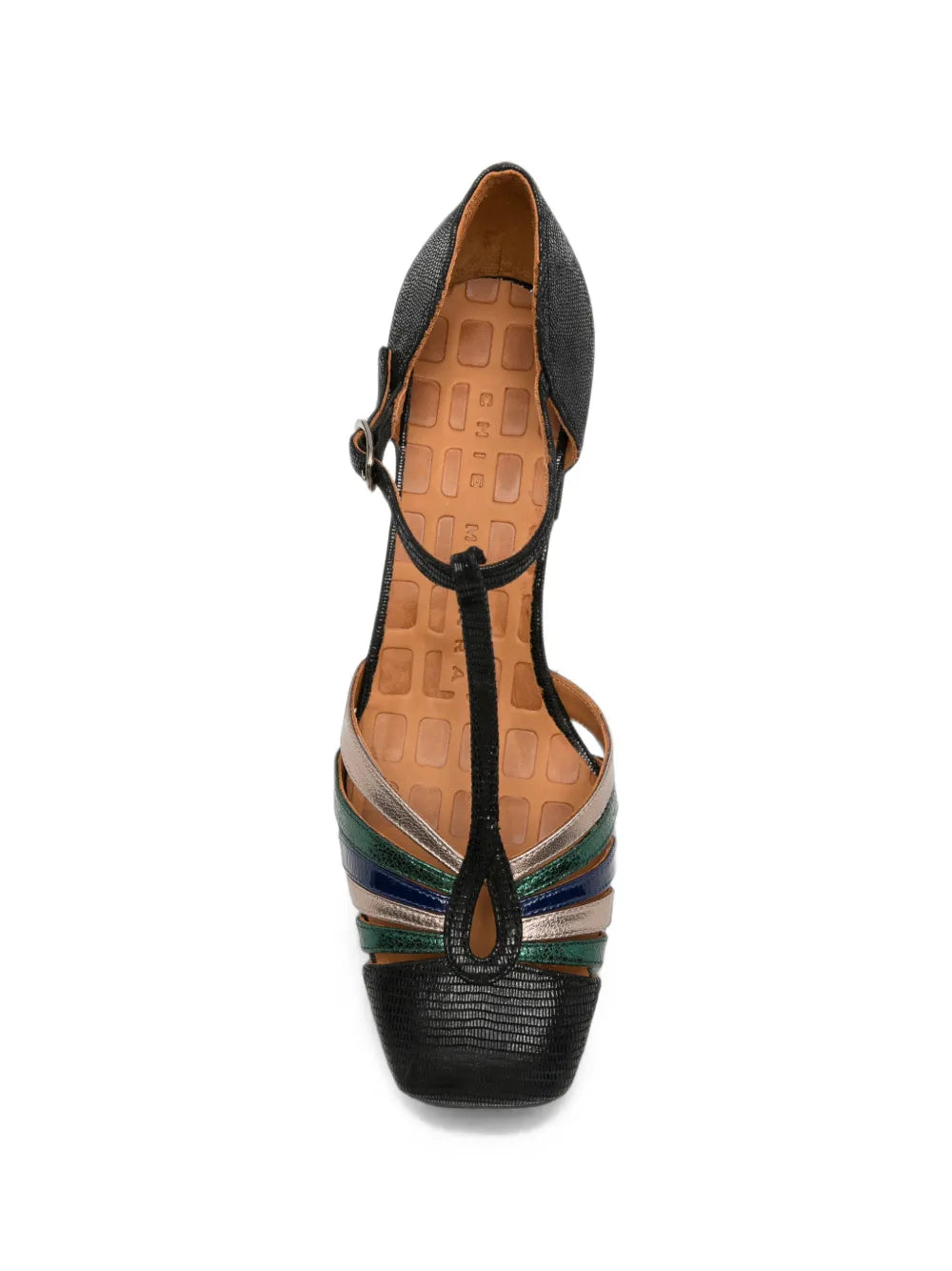 Chie Mihara VUDUI mid heel shoe with fan straps in black textured leather with iridescent green, silver and navy tones