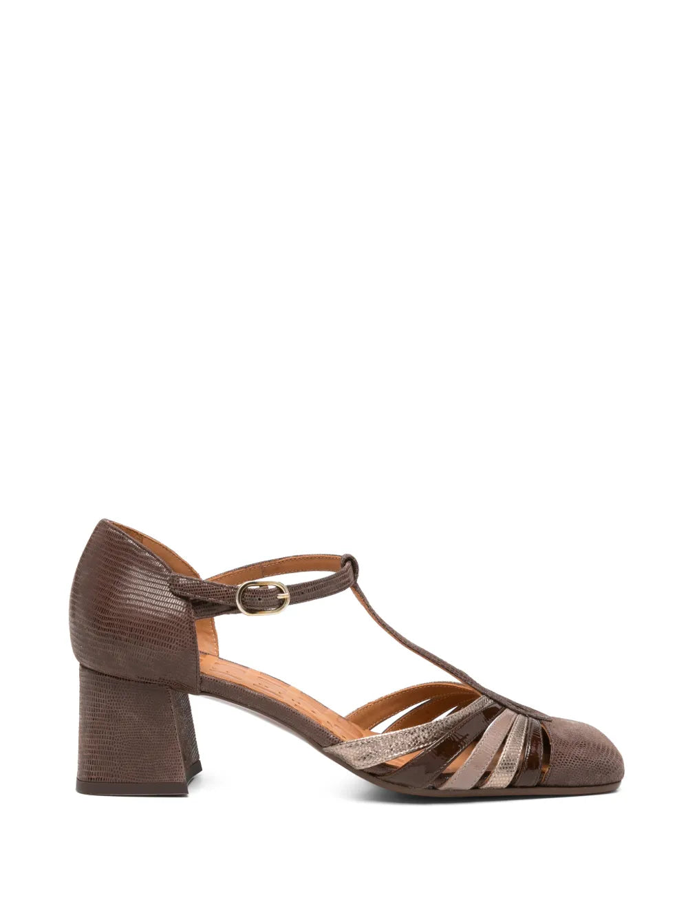 Chie Mihara VUDUI mid heel shoe with fan straps in smoky grey textured leather with chocolate, iron and ash tones