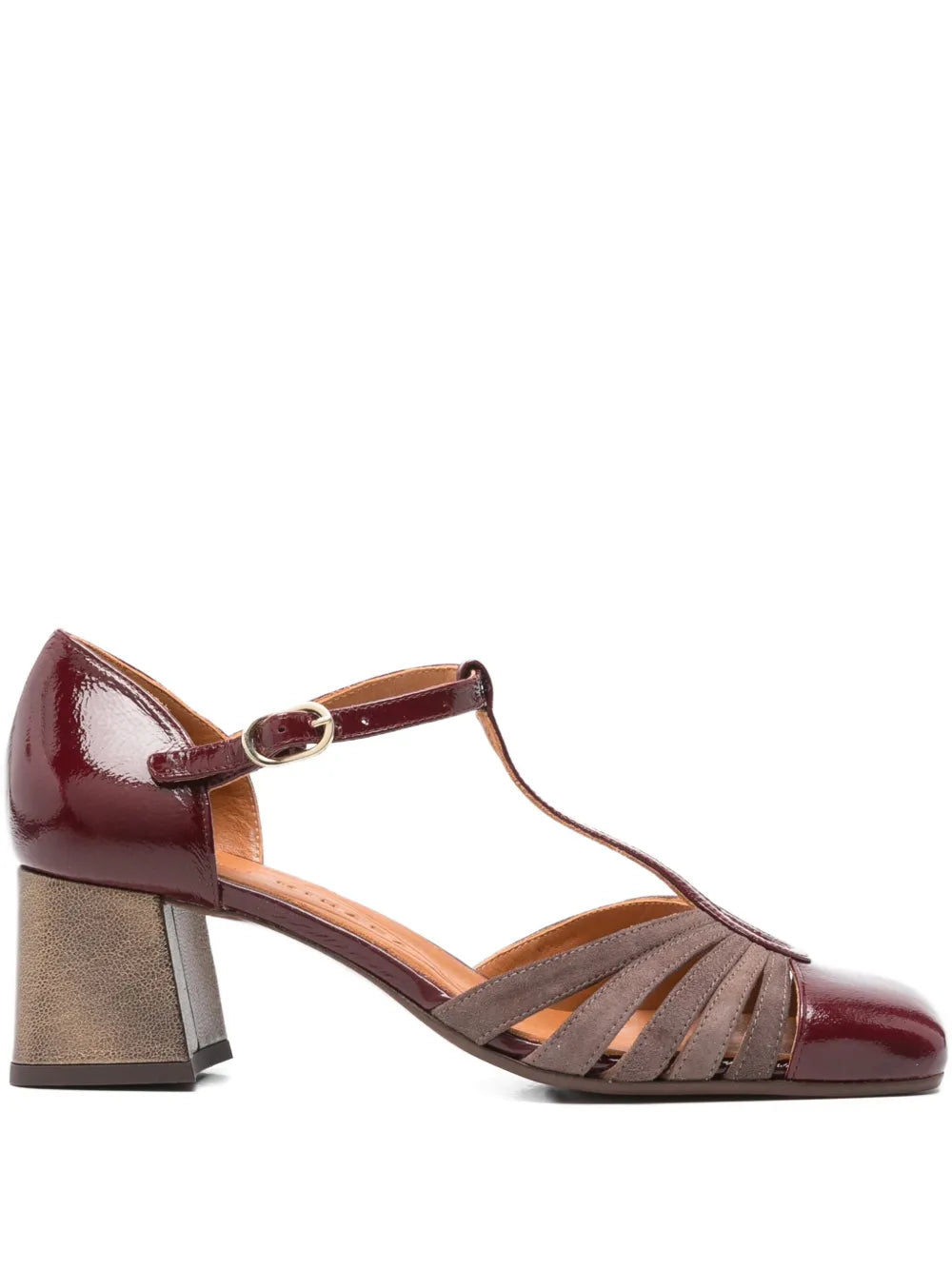 Chie Mihara Vudui ruby red patent leather and taupe suede T-strap pump with comfortable mid block heel, handmade in Spain

