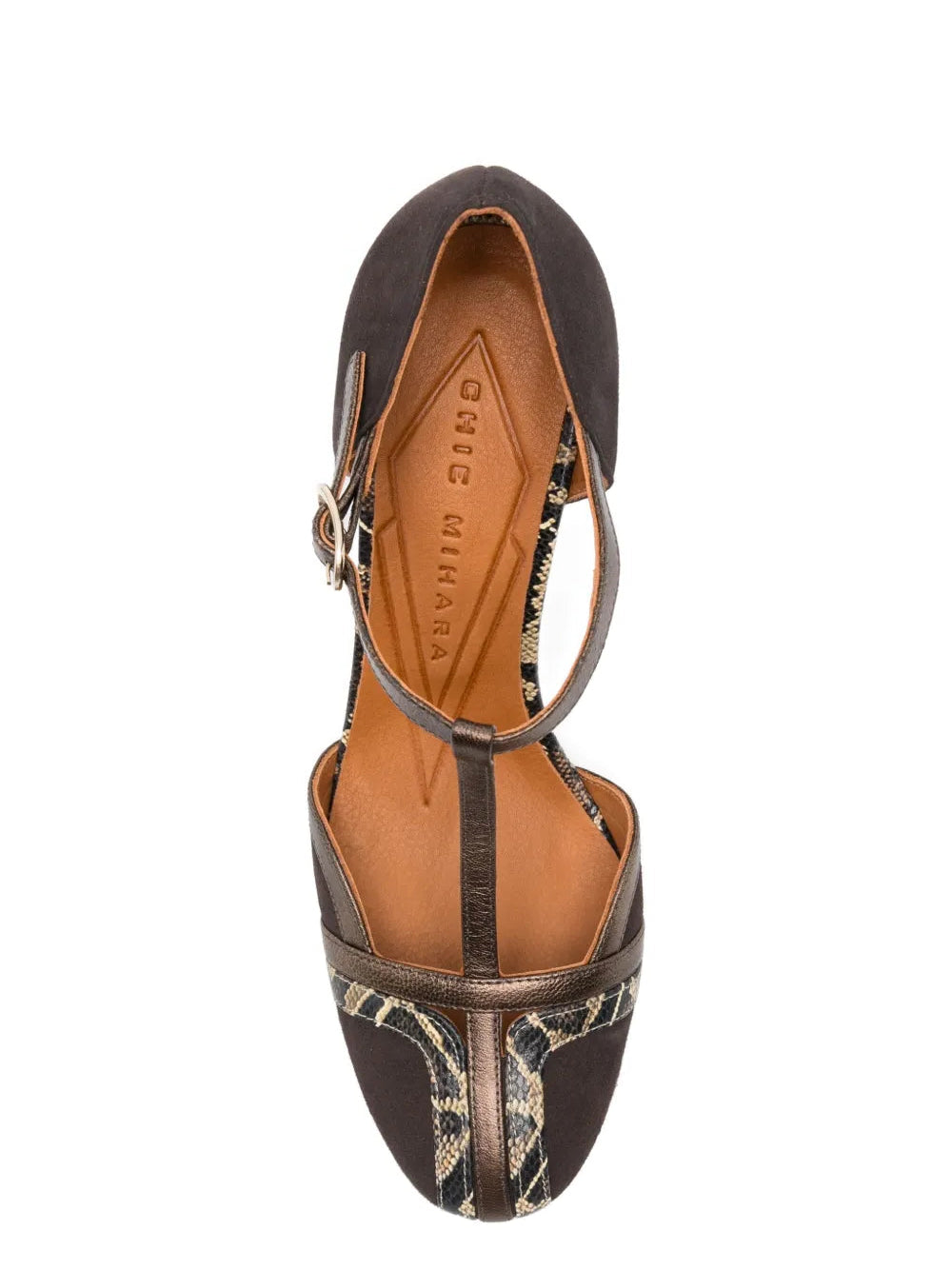 Chie Mihara Wander dark brown suede and bronze snake print T-strap pump, leather insole known for exceptional comfort and fit, handmade in Spain


