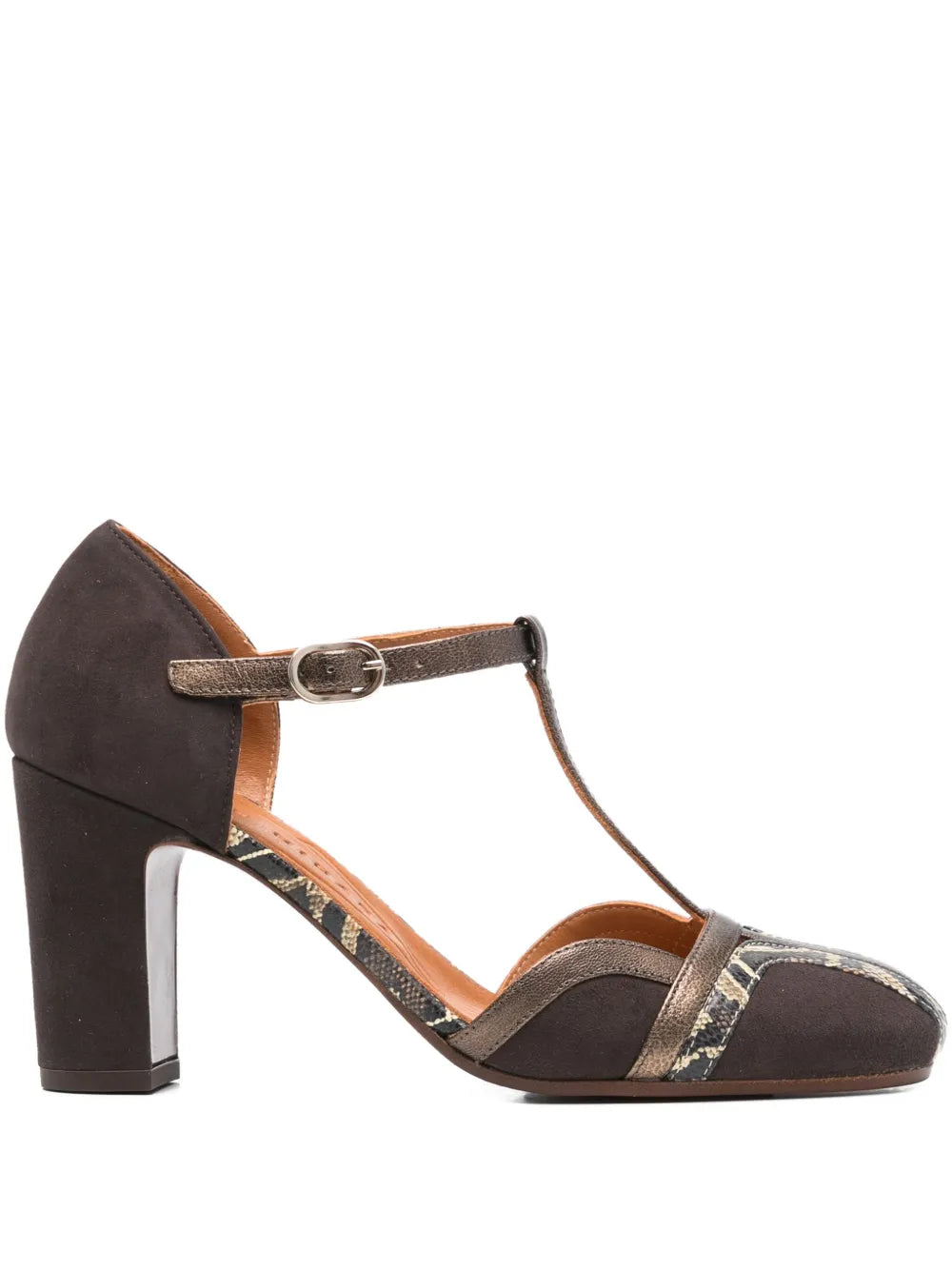 Chie Mihara Wander pumps in granite suede with bronze metallic details and T-strap design, featuring an 8.5 cm block heel