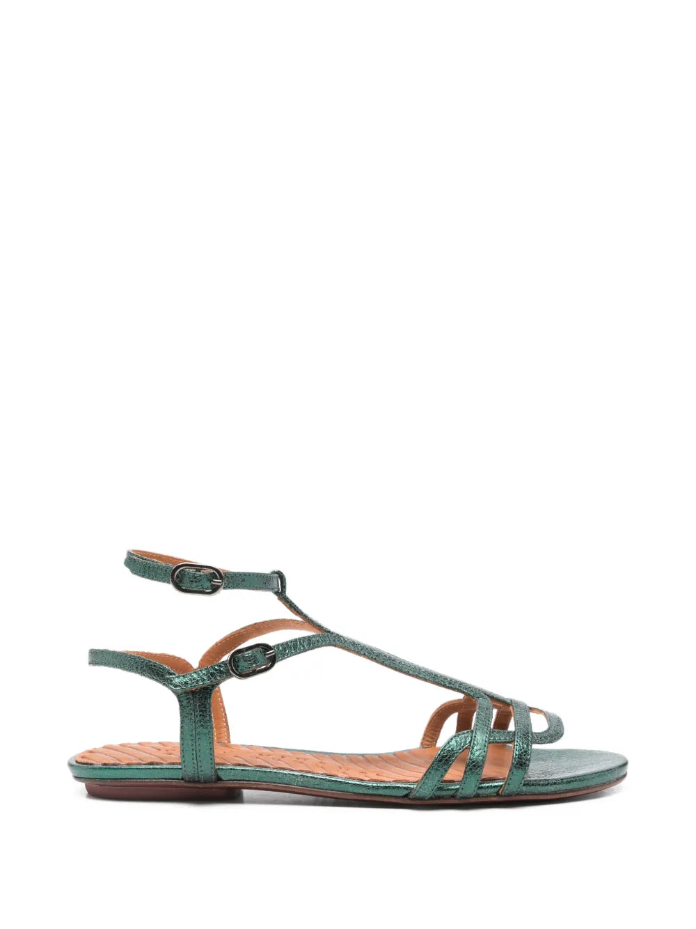 Chie Mihara Yael emerald green metallic crackle leather flat sandal with T-strap and silver buckles, handmade in Spain