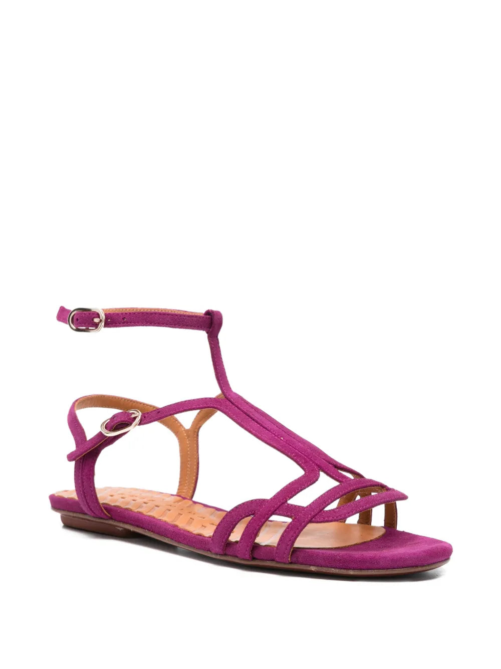 Chie Mihara Yael fuchsia suede flat sandal, T-strap gladiator design with silver hardware