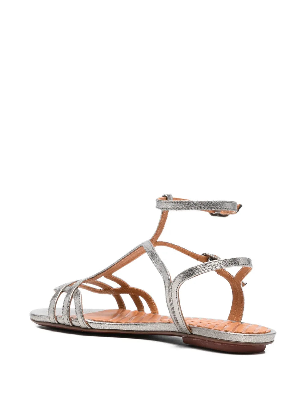 Chie Mihara Yael flat metallic leather sandal in iron color with delicate straps