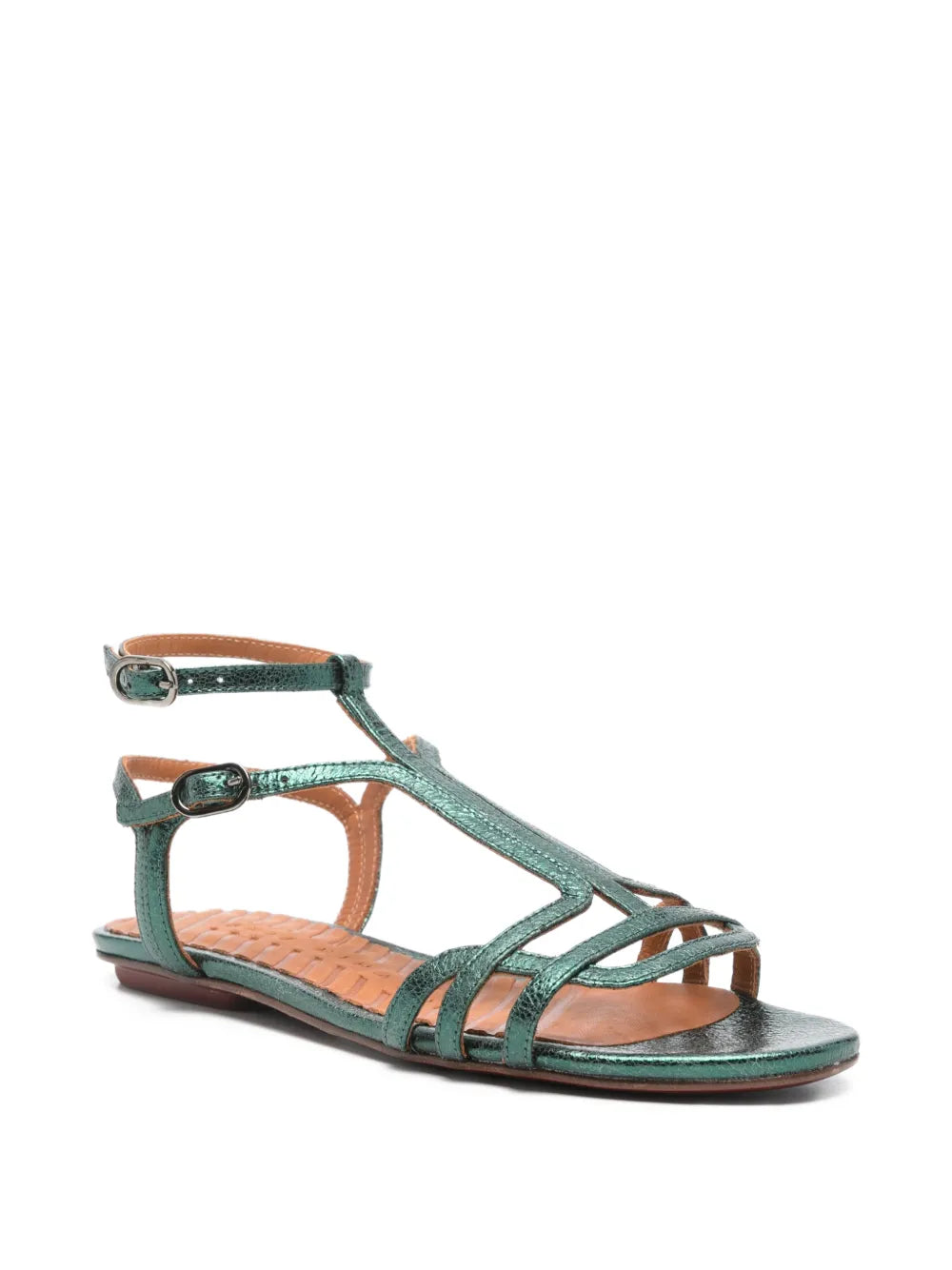 Chie Mihara Yael flat metallic green leather strappy sandal with ankle buckle and cushioned insole