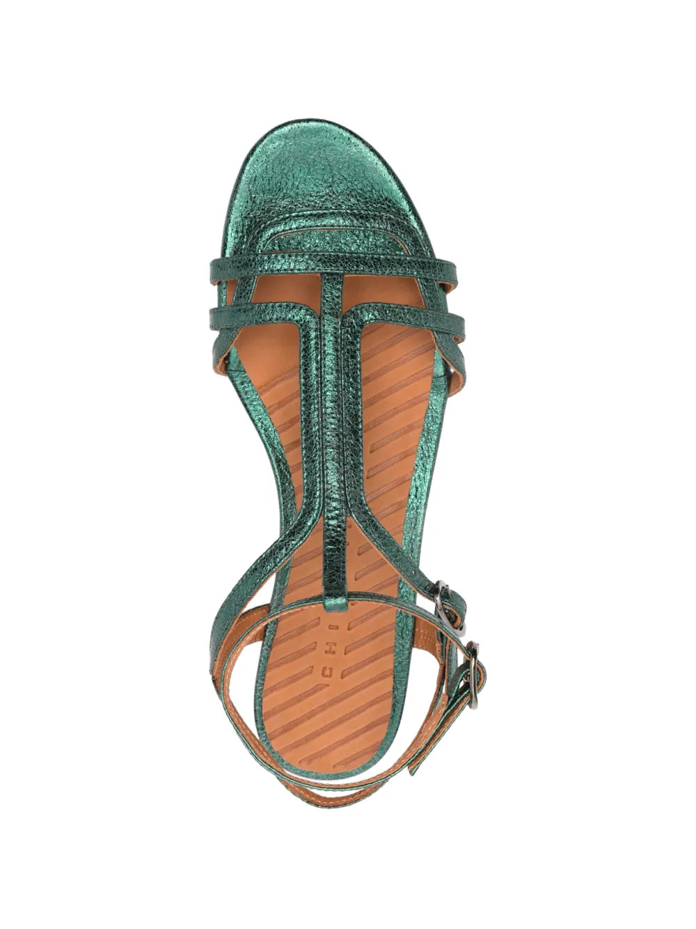 Chie Mihara Yael flat metallic green leather strappy sandal with ankle buckle and cushioned insole