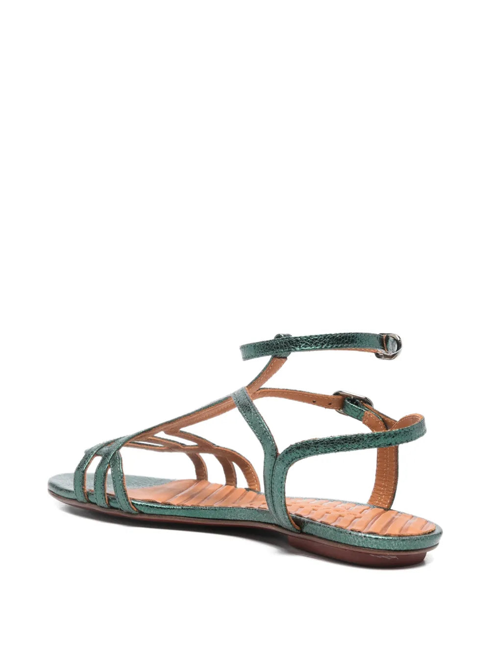 Chie Mihara Yael flat metallic green leather strappy sandal with ankle buckle and cushioned insole