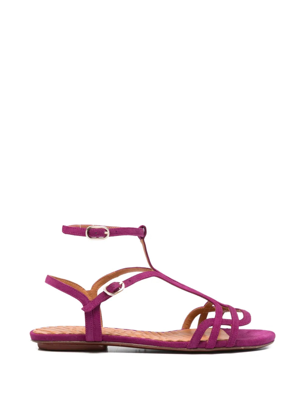 Chie Mihara Yael prune suede flat gladiator sandal with T-strap and silver buckles, handmade in Spain