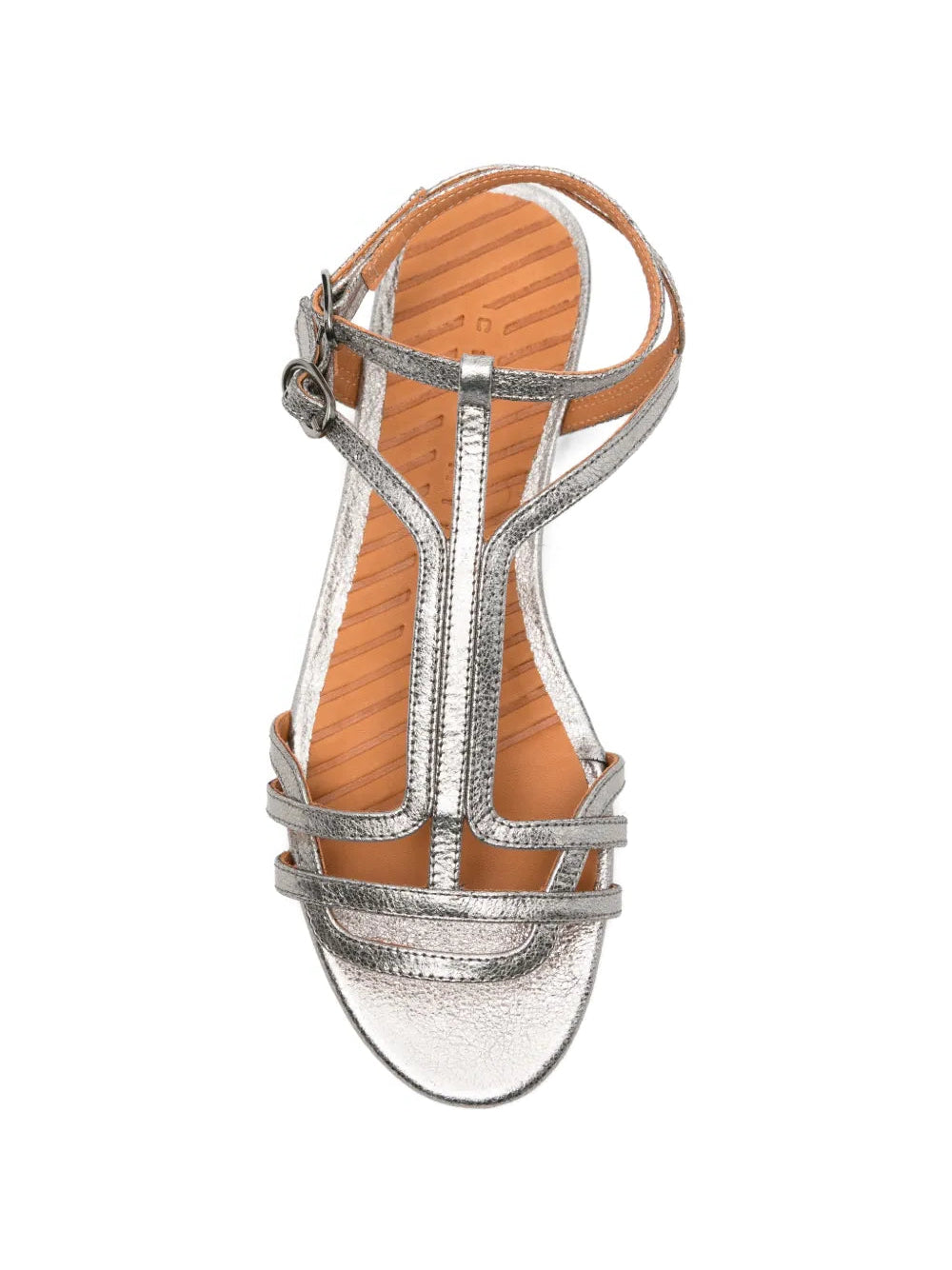 Chie Mihara Yael silver crackle metallic flat sandal, leather insole with brand stamp, gladiator multi-strap