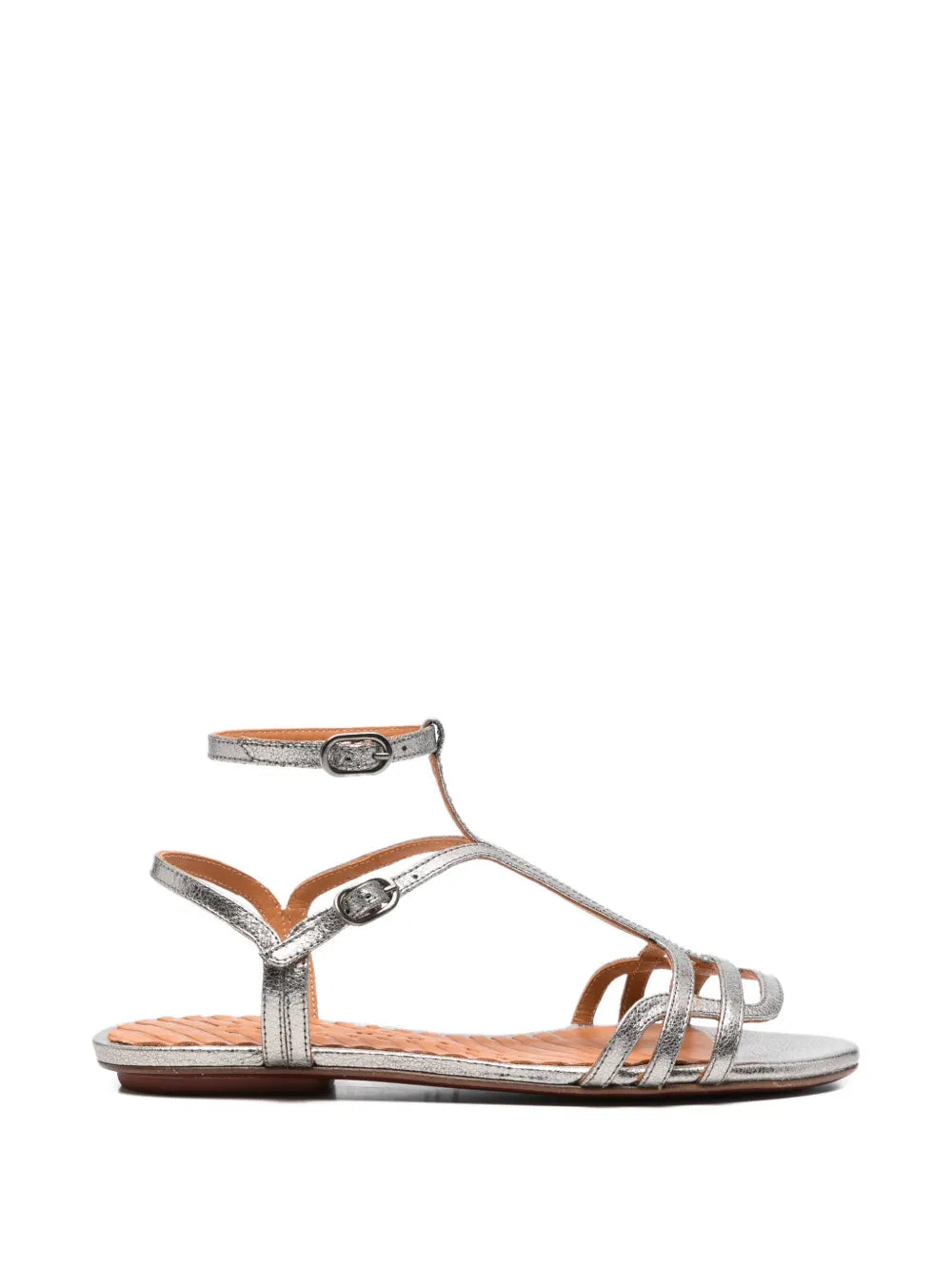 Chie Mihara Yael silver metallic crackle leather flat sandal with T-strap and silver buckles, handmade in Spain