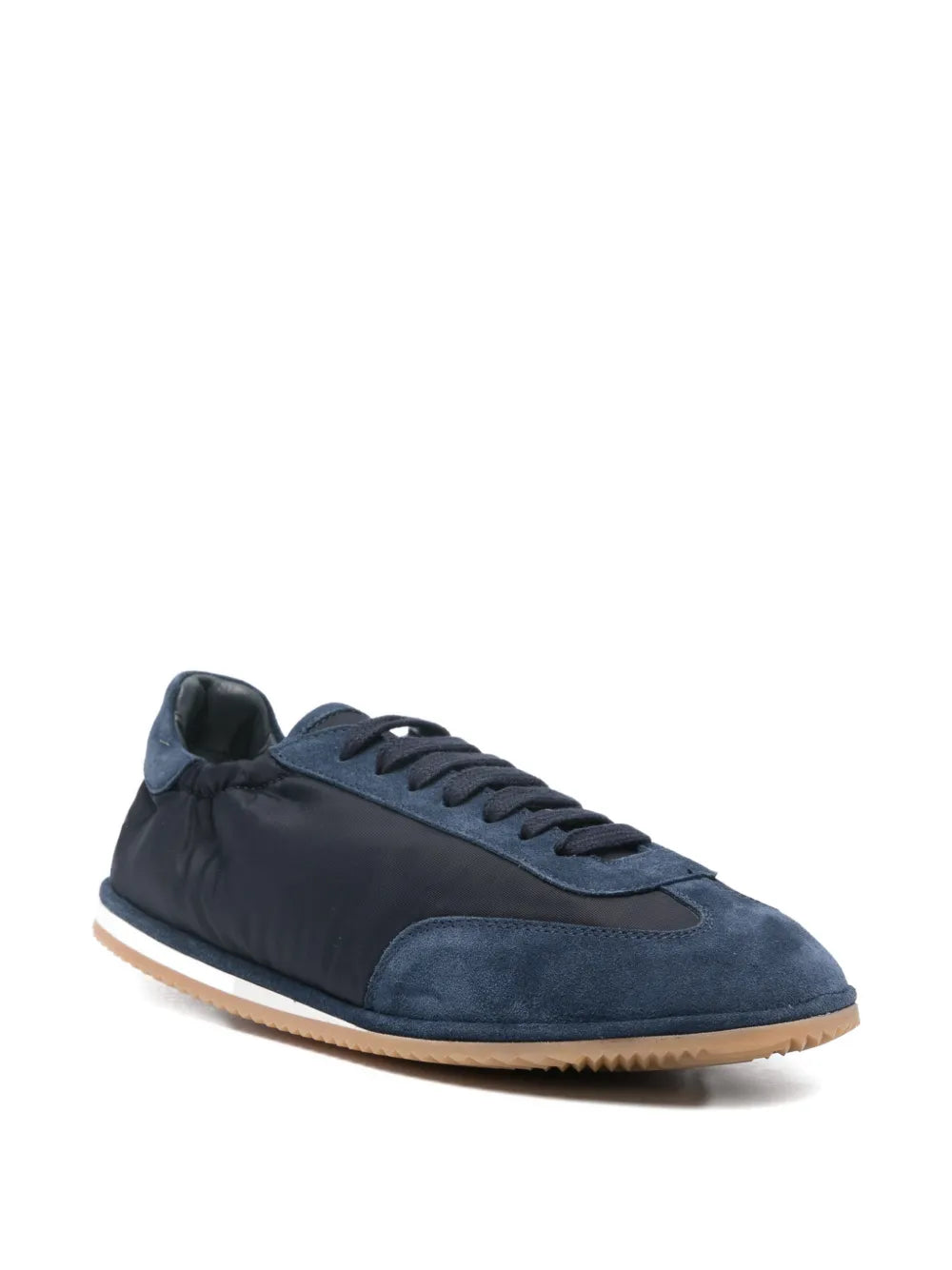 Elia Maurizi Carmen luxury sneaker navy blue, vegetable tanned napa lining and natural latex insole, three quarter front view