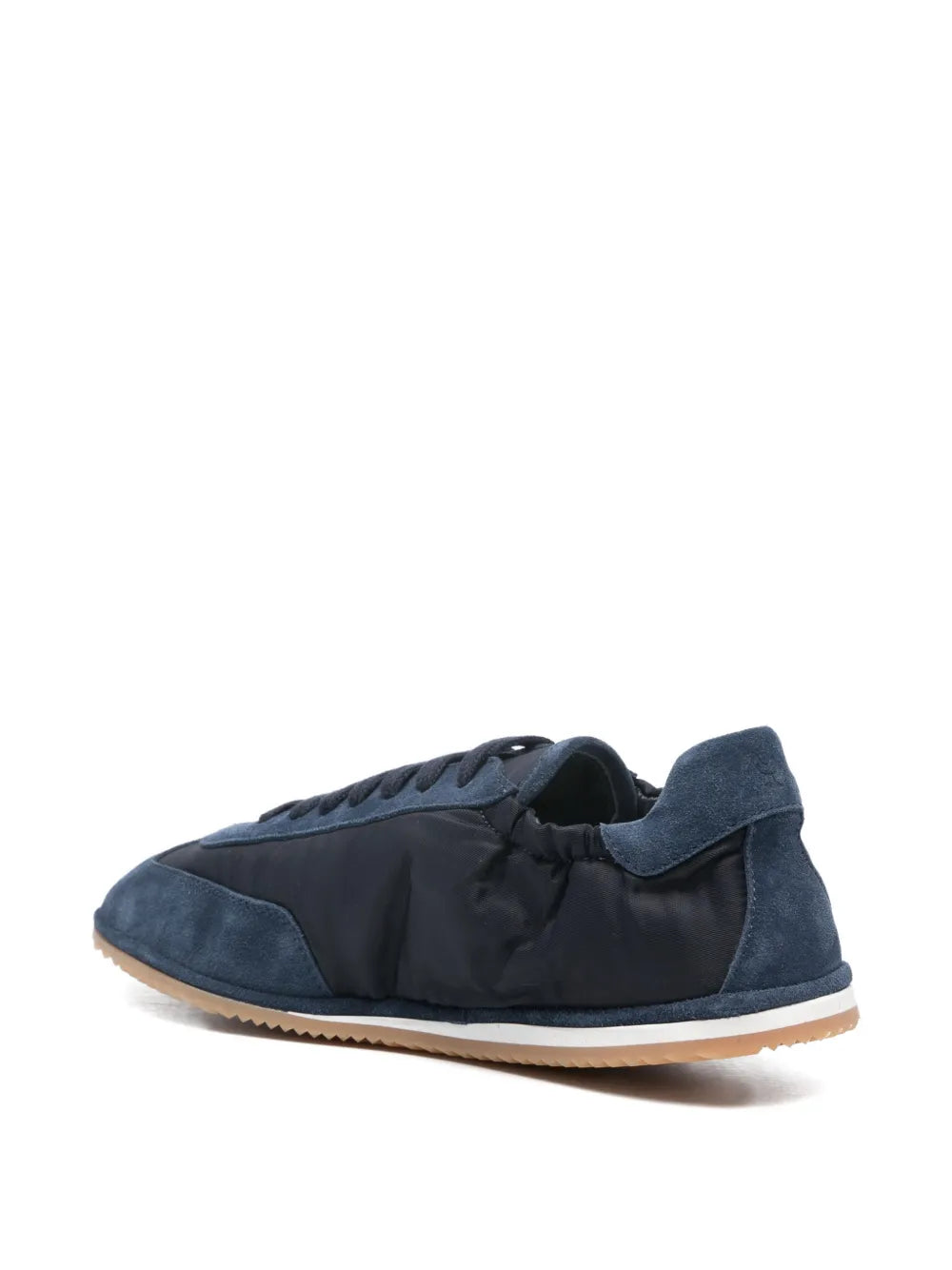 Elia Maurizi Carmen handcrafted sneaker navy blue suede, back three quarter view showing Sacchetto construction and gum sole