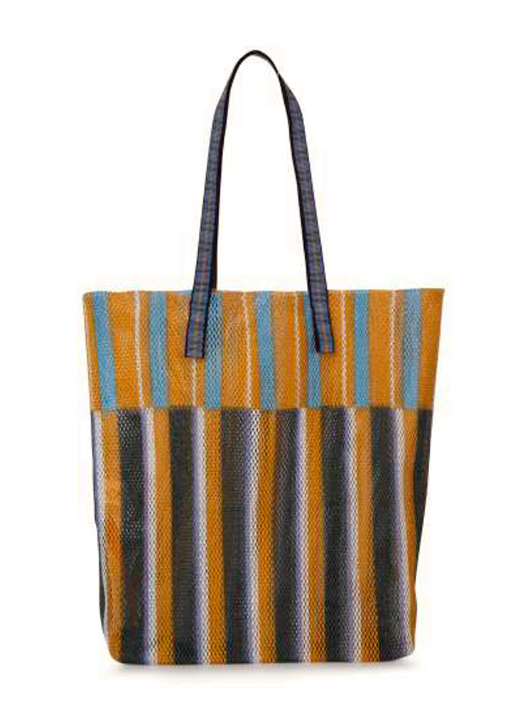 Épice Paris Elziver large bag in orange, light blue and grey stripes, lightweight design with woven handles and removable zip pouch.