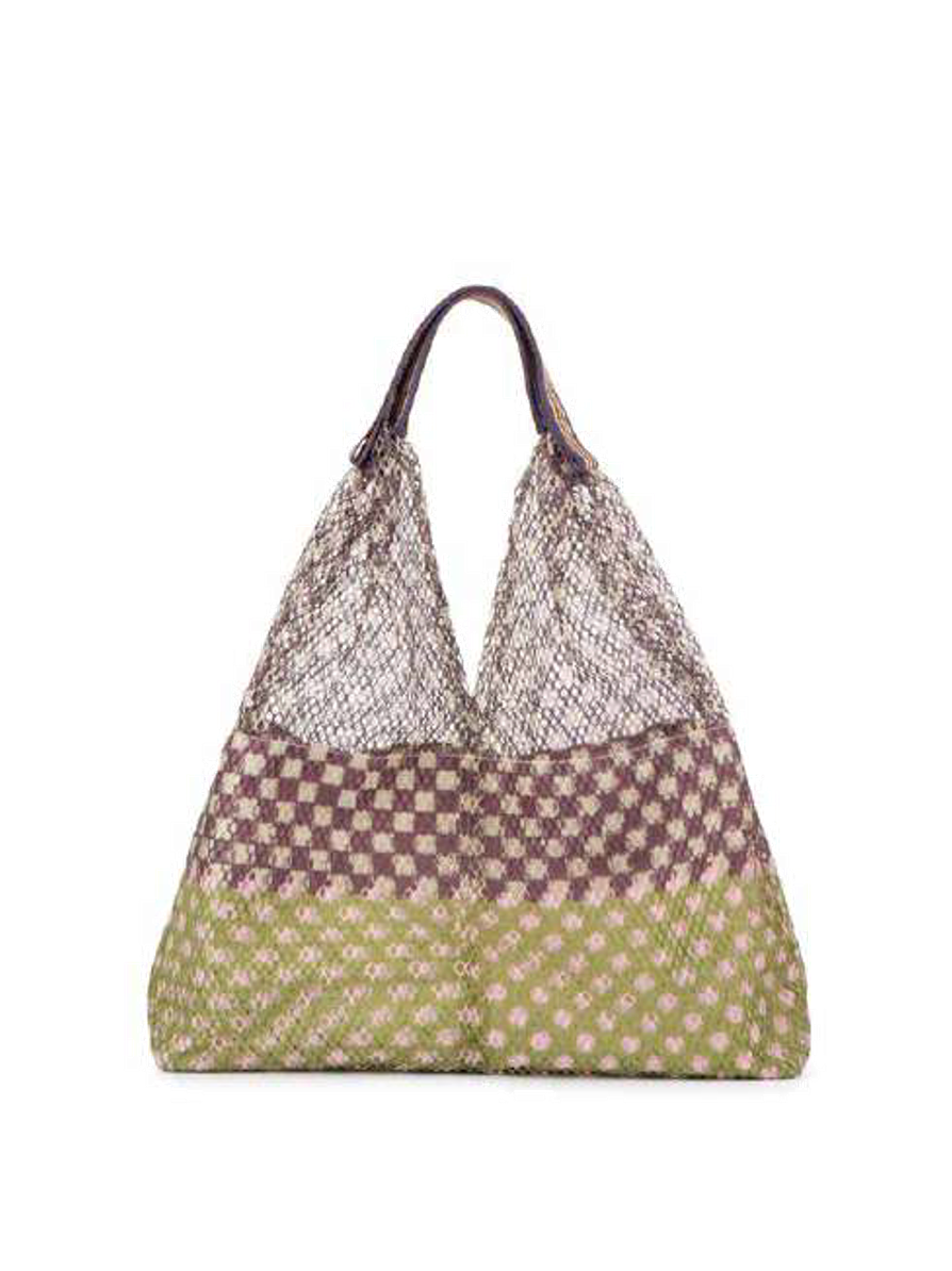 Épice Paris Elziver small shopper bag in moss green geometric pattern, 38x38x10 cm, triangular mesh design with inner zip pouch