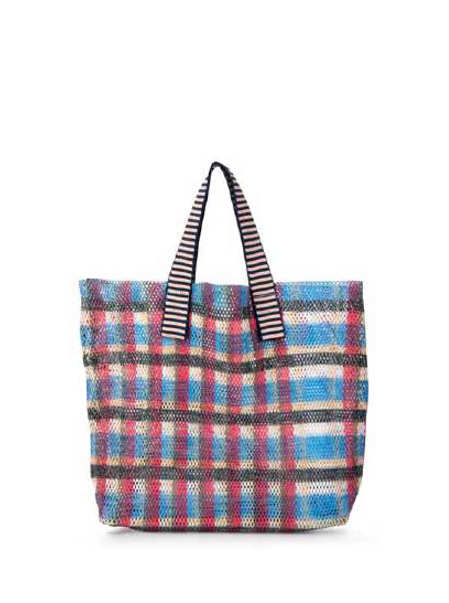 Epice Paris Kanpur S 2602 B1 Blue small tote bag with multicolor check print and removable pouch, 29x25x10 cm