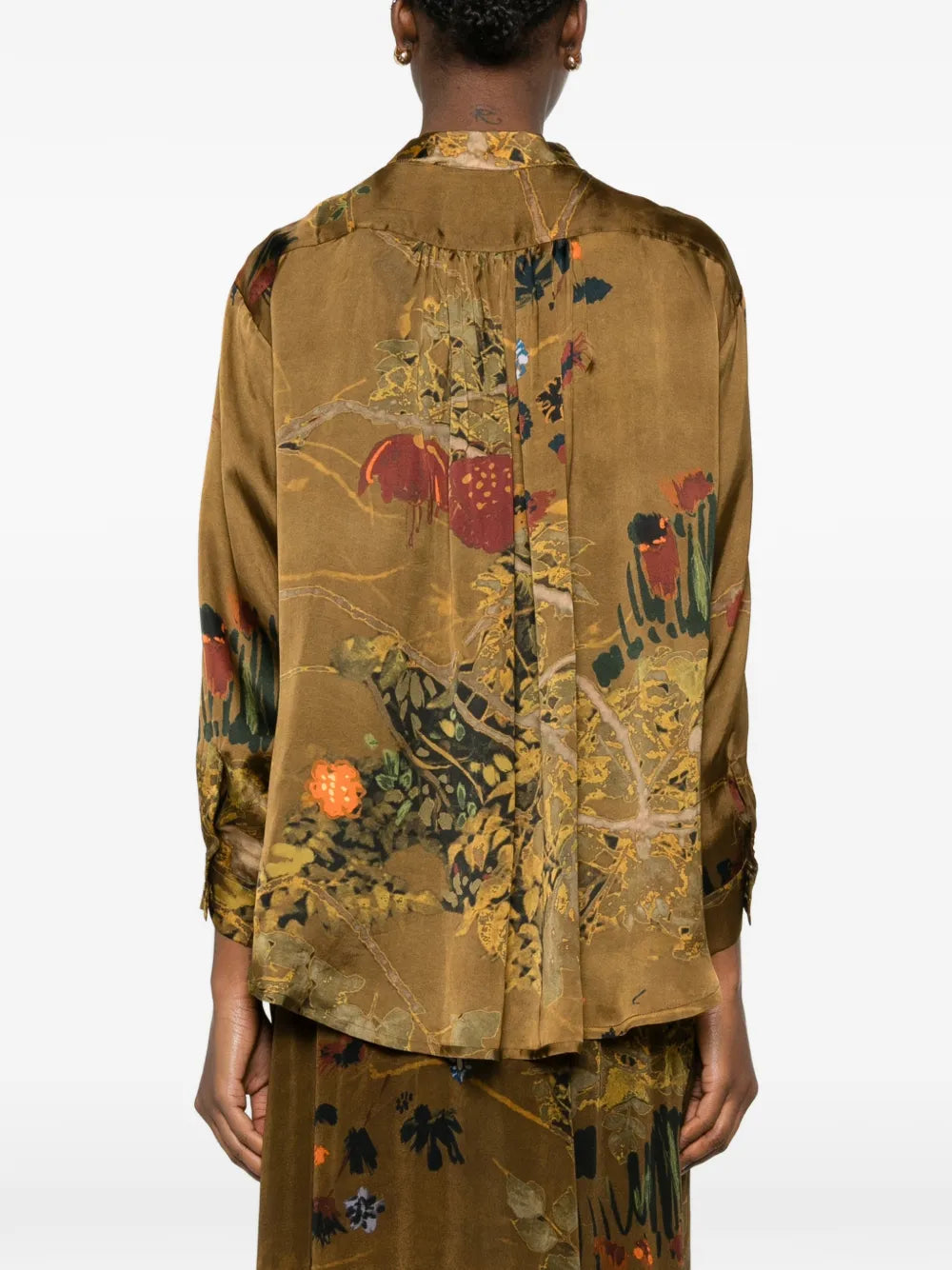 Yavi floral botanical shirt in khaki gold — back on model, 100% cupro
