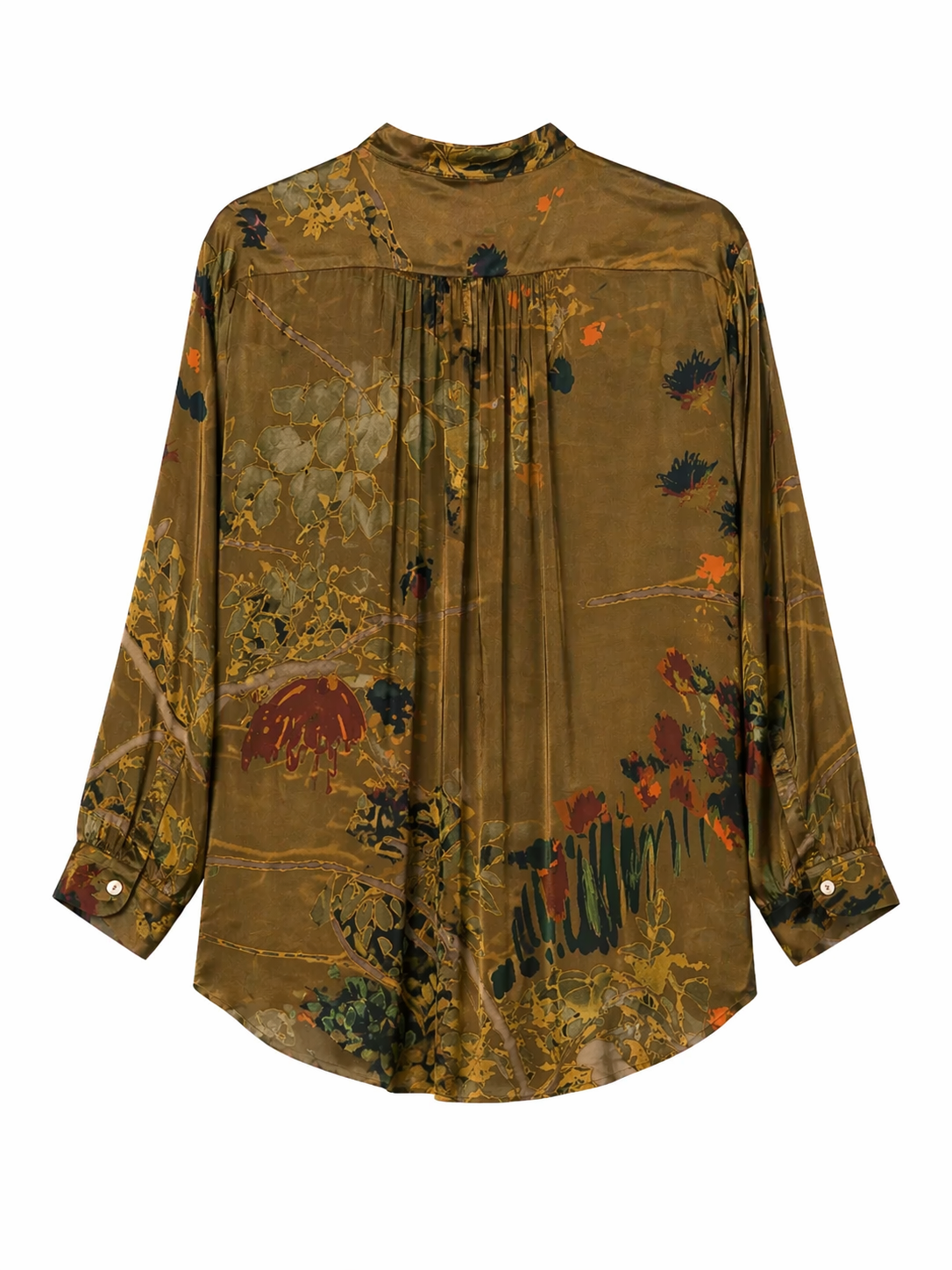 Yavi floral botanical shirt in khaki gold — back flat lay, 100% cupro
