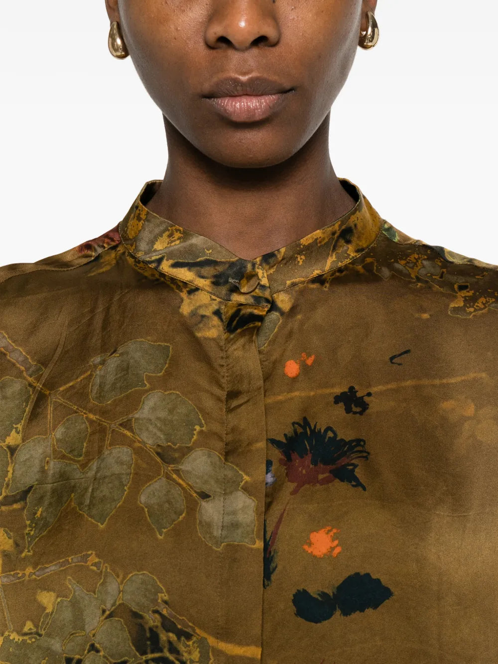 Yavi floral botanical shirt in khaki gold — neckline detail, 100% cupro
