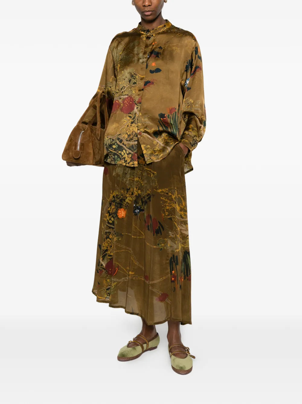 Yavi floral botanical shirt in khaki gold — full look on model, 100% cupro
